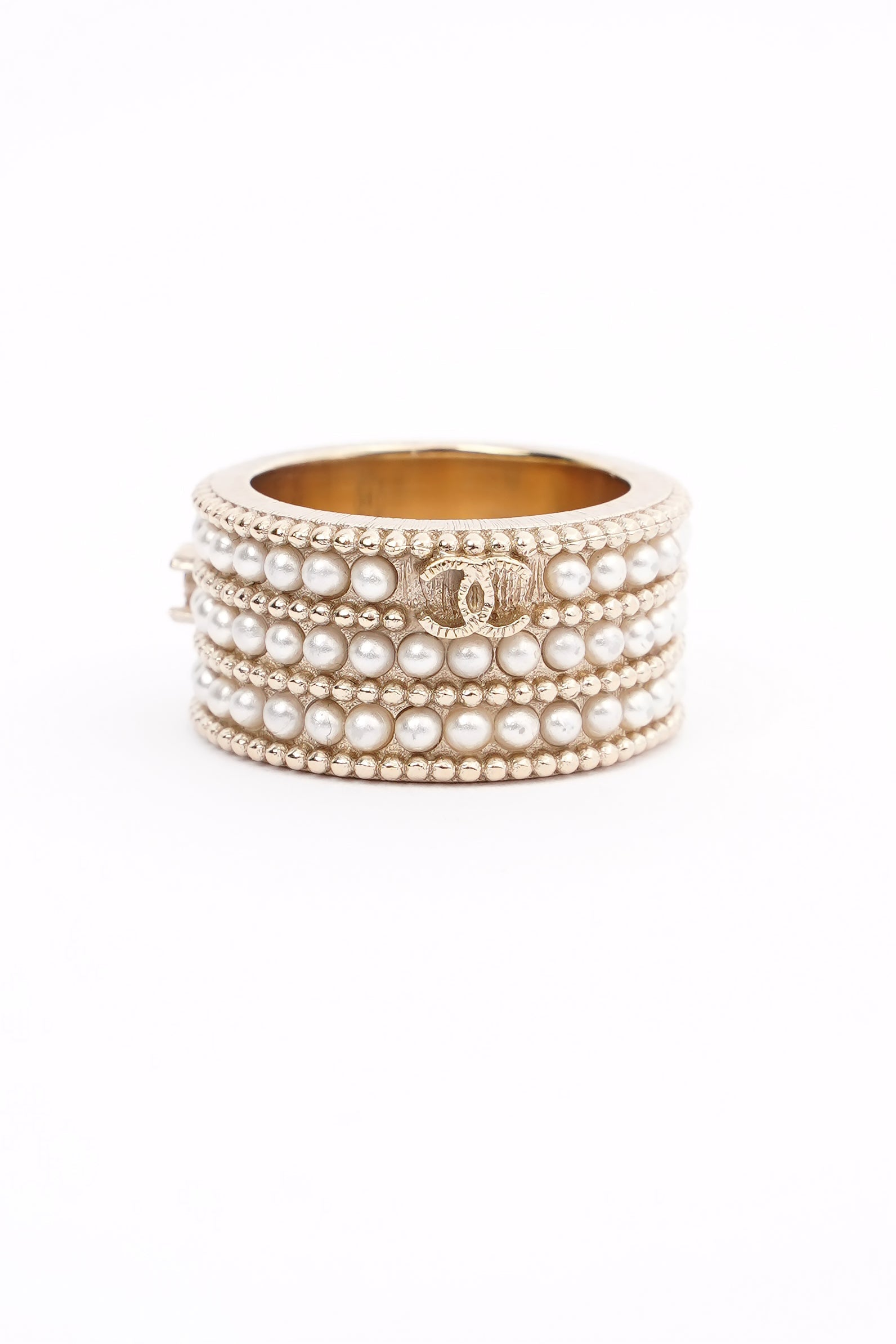 Chanel Micro Pearls Row Ring Champagne Gold Finish