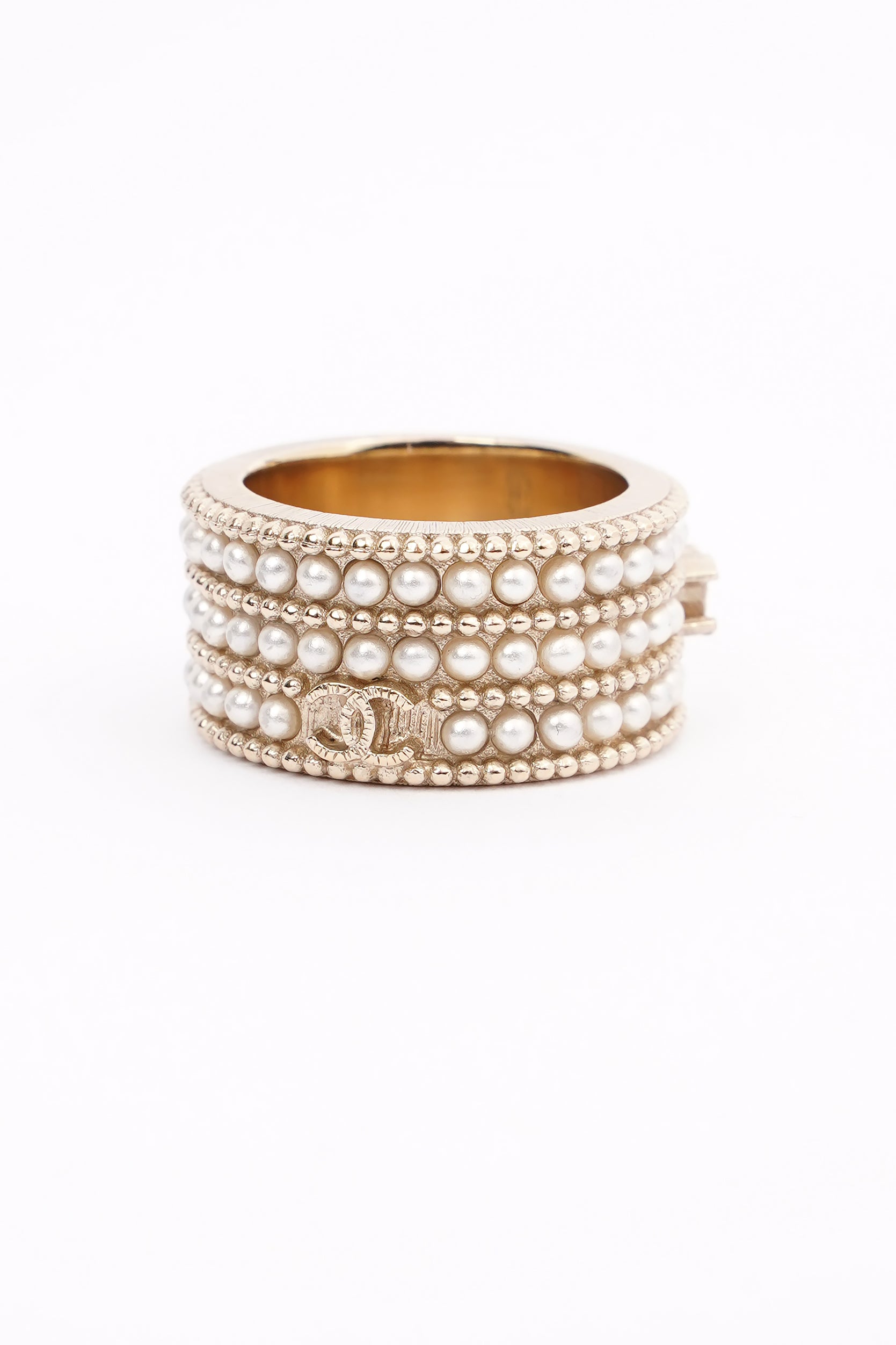 Chanel Micro Pearls Row Ring Champagne Gold Finish
