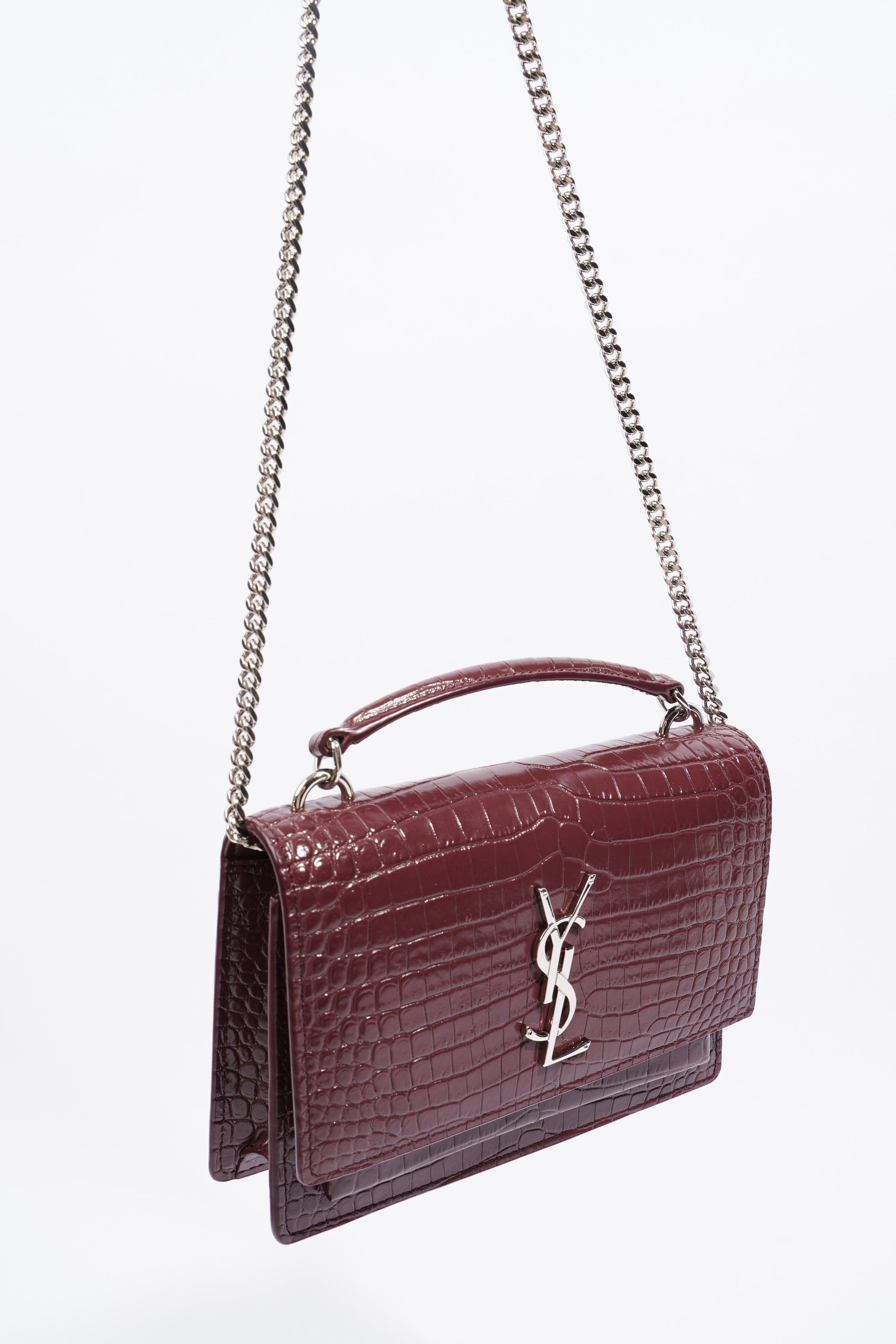 Saint Laurent Sunset Chain Wallet Burgundy Croc