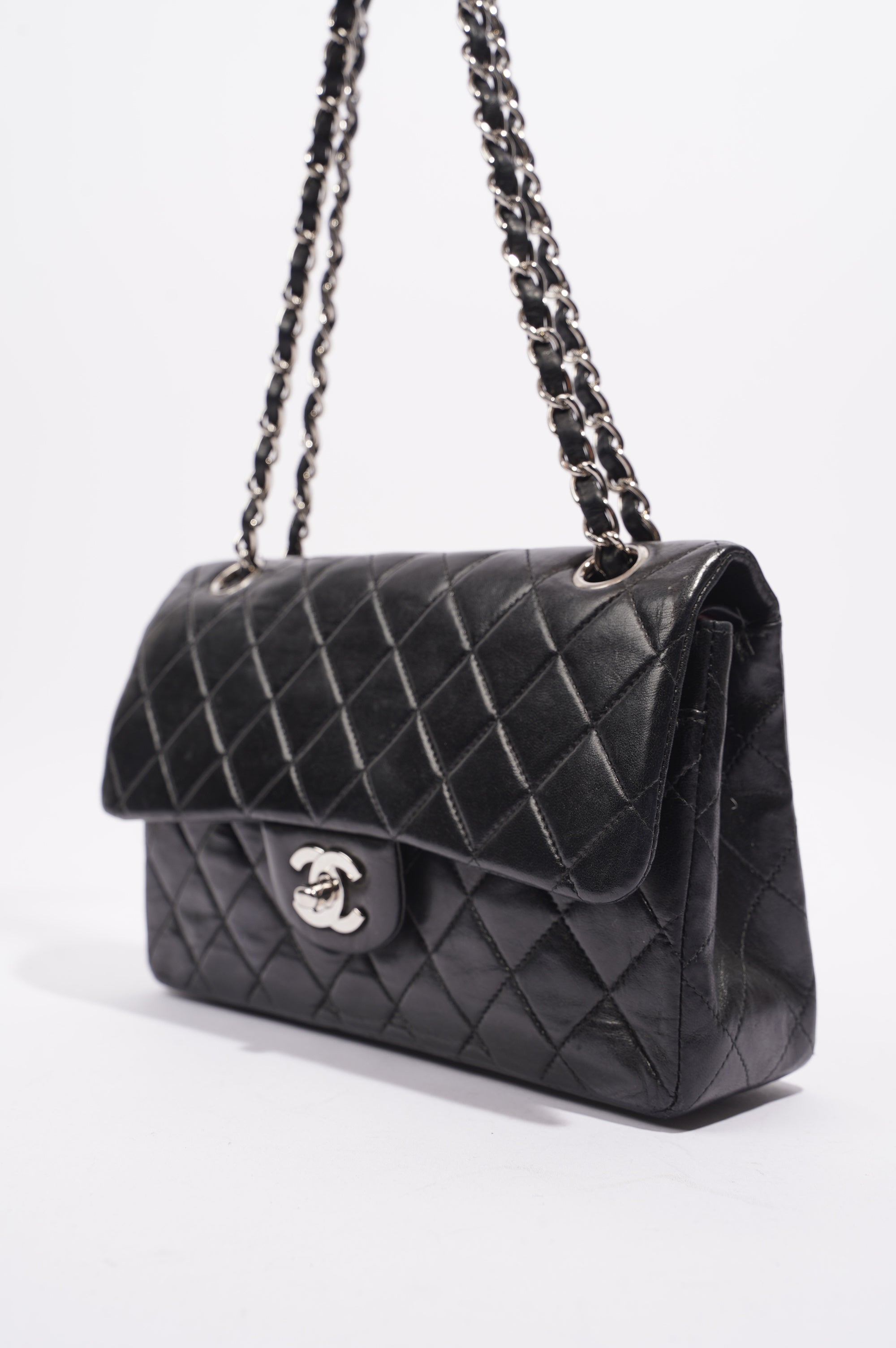 Chanel Womens Lambskin Double Flap Black Small