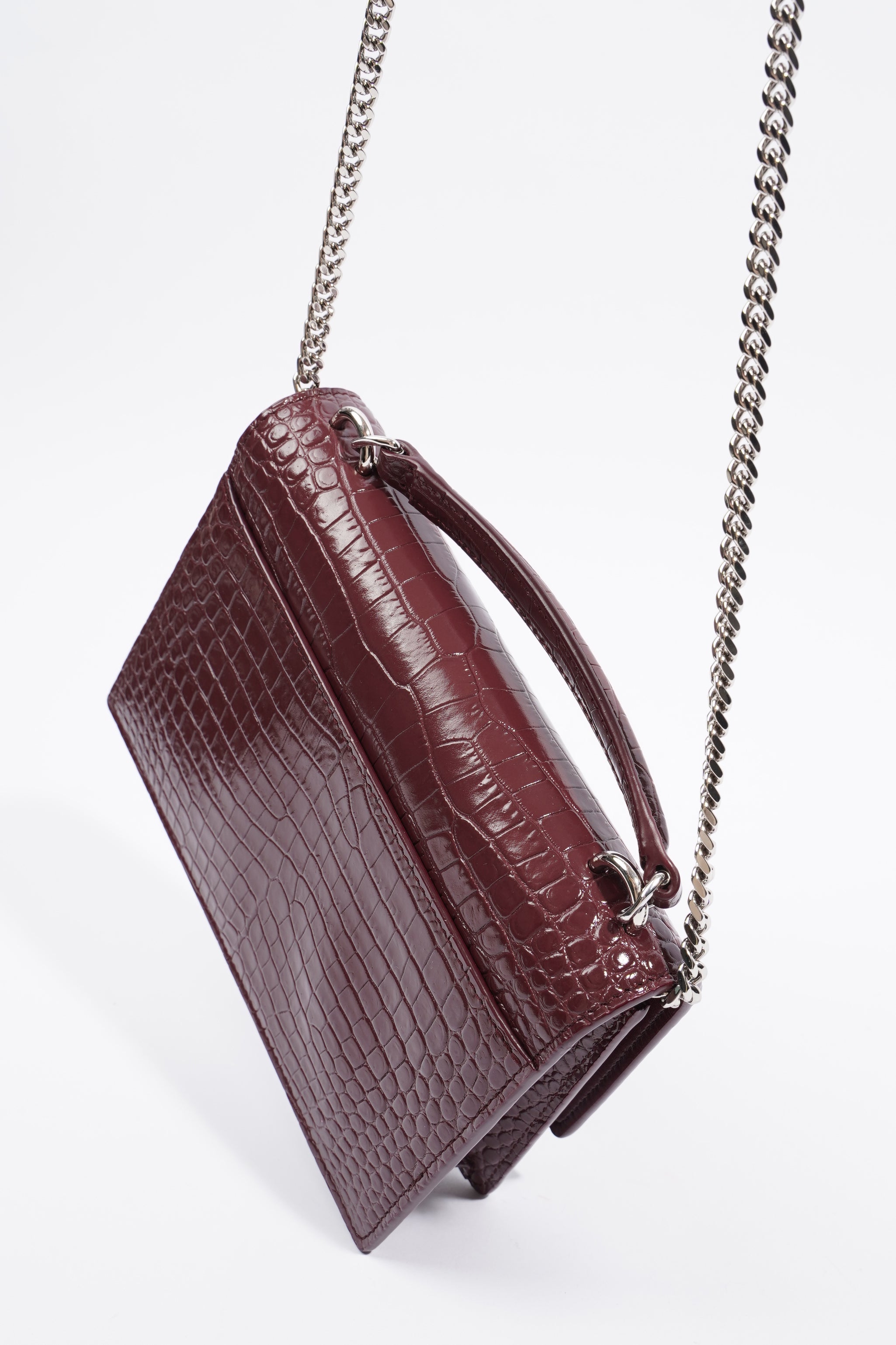 Saint Laurent Sunset Chain Wallet Burgundy Croc