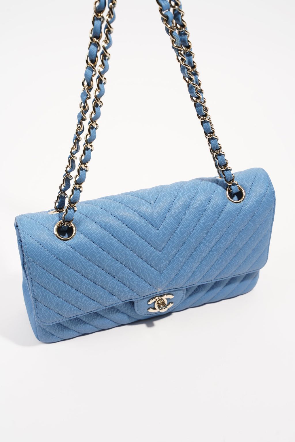 Chanel Womens Quilted Caviar Chevron Classic Double Flap Medium
