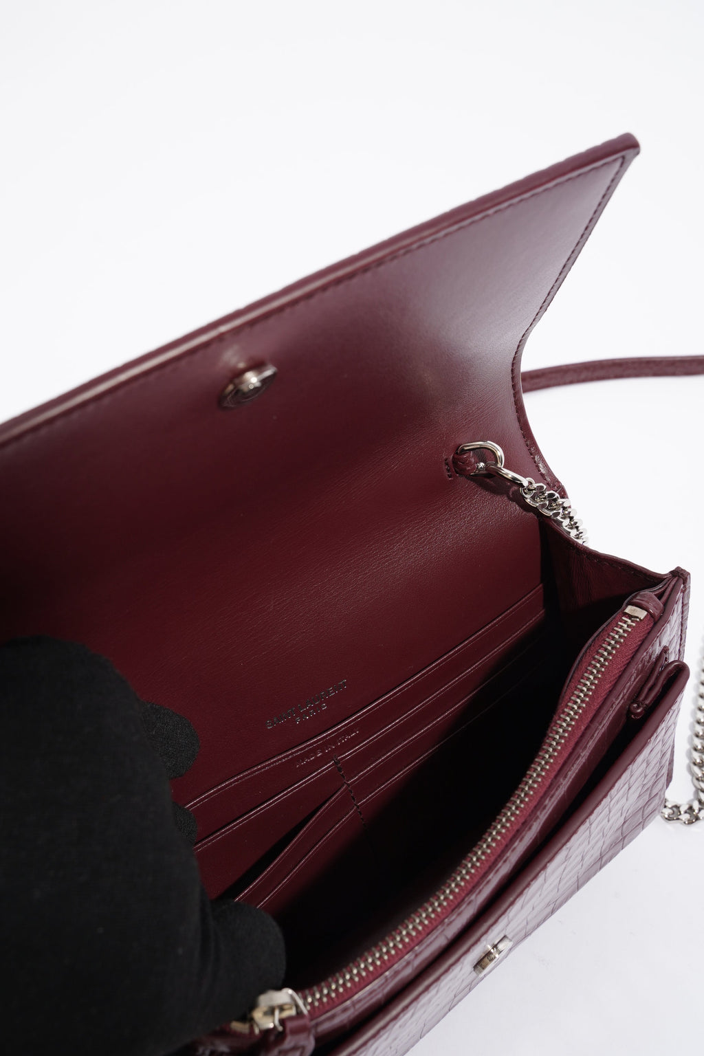 Saint Laurent Sunset Chain Wallet Burgundy Croc