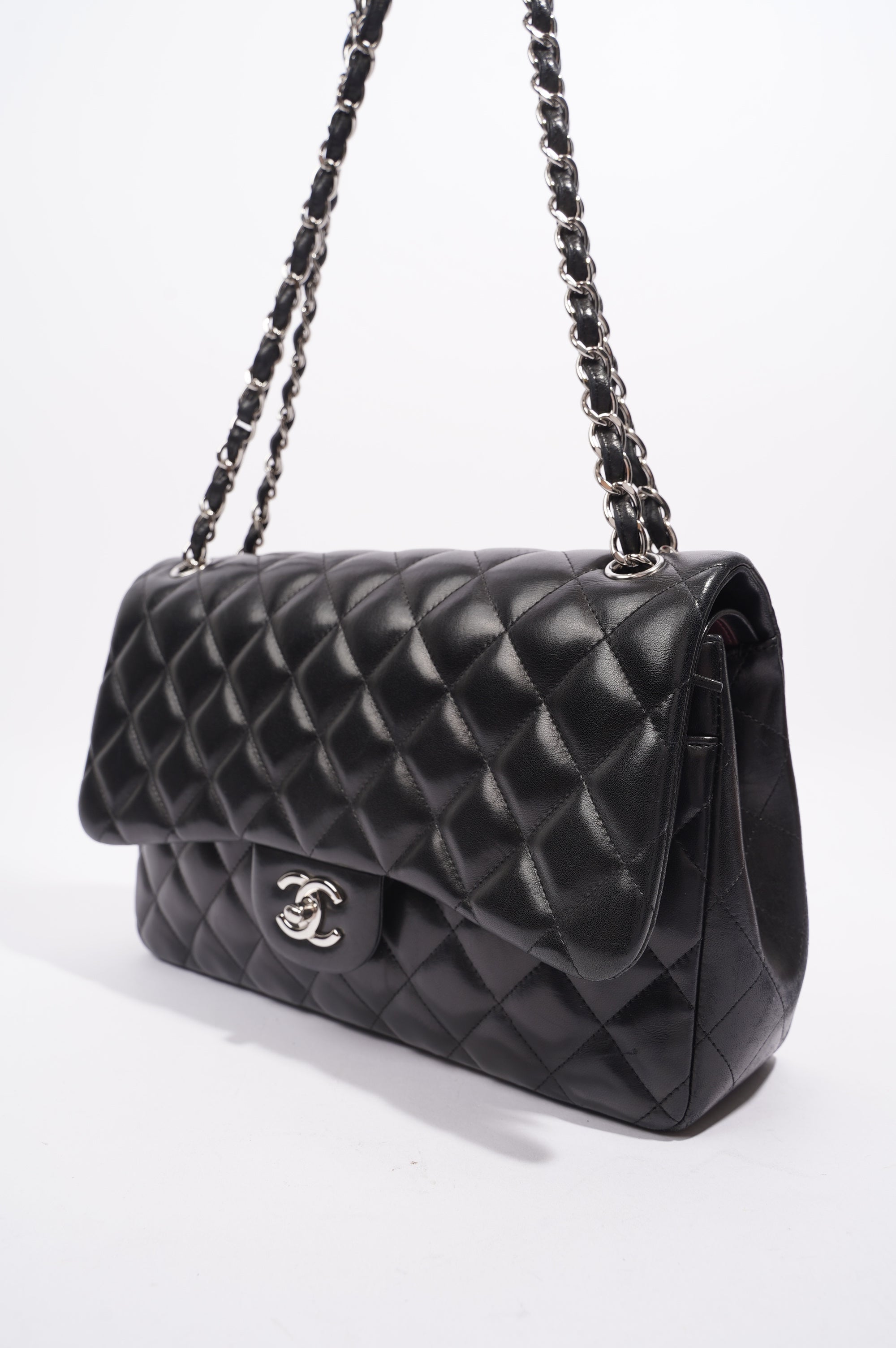 Chanel Double Flap Bag Black Lambskin Leather Large