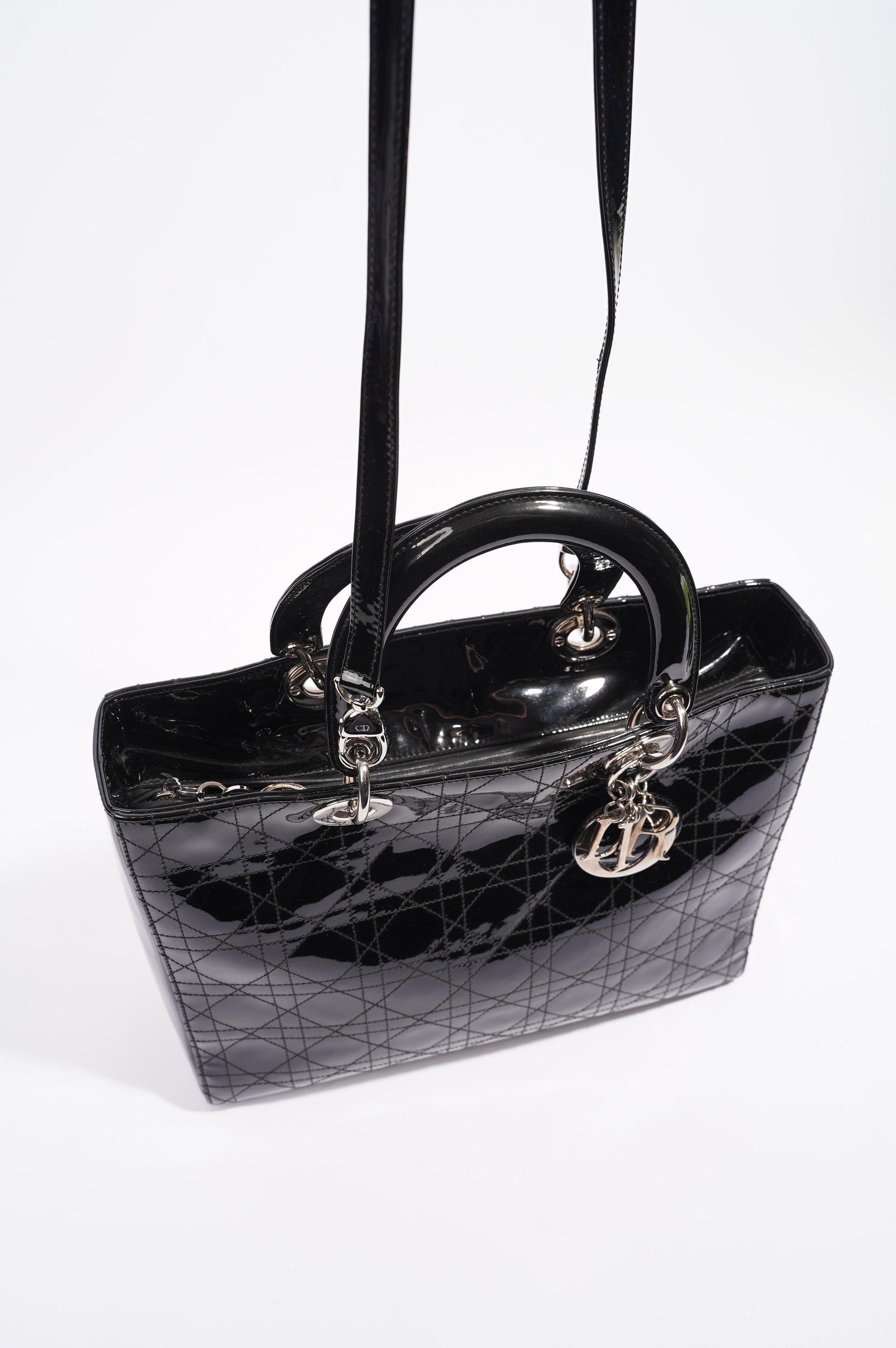 Christian Dior Lady Dior Bag Black Patent Leather Large