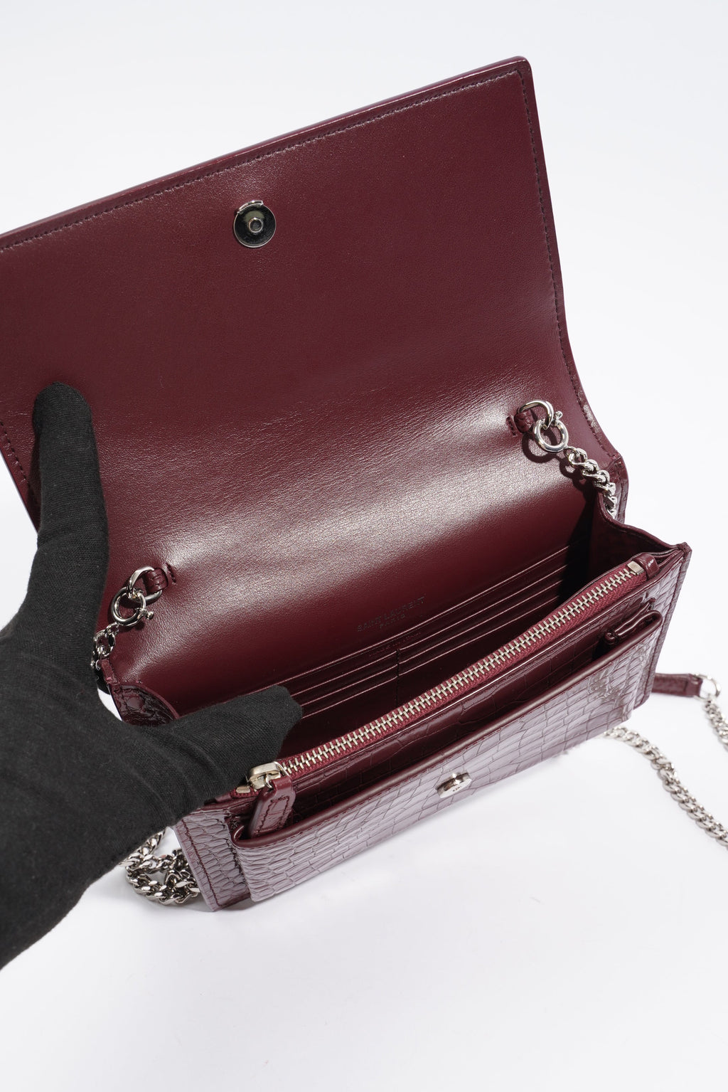 Saint Laurent Sunset Chain Wallet Burgundy Croc