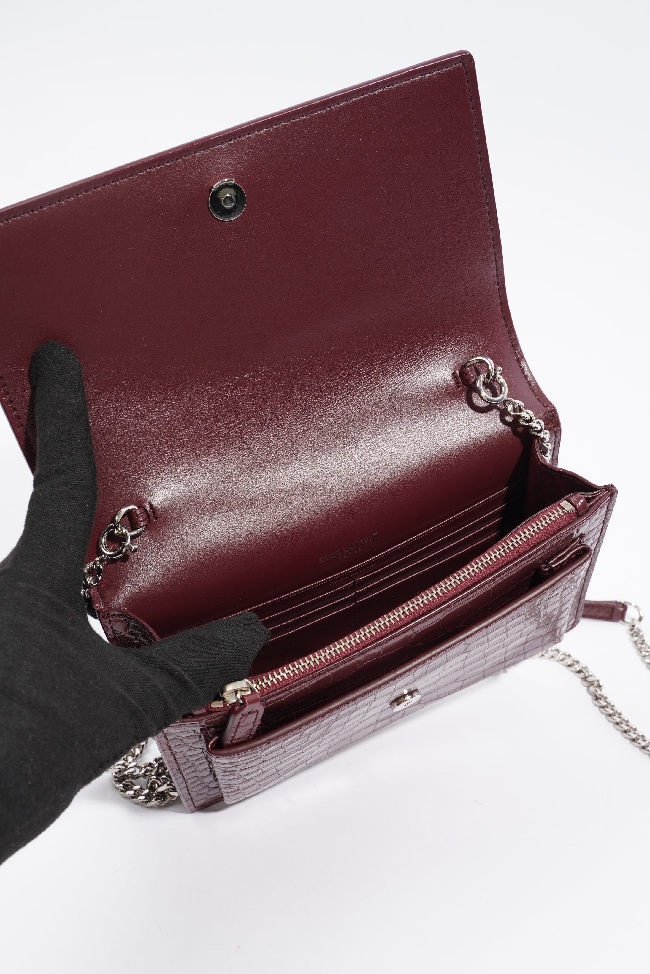 Saint Laurent Sunset Chain Wallet Burgundy Croc