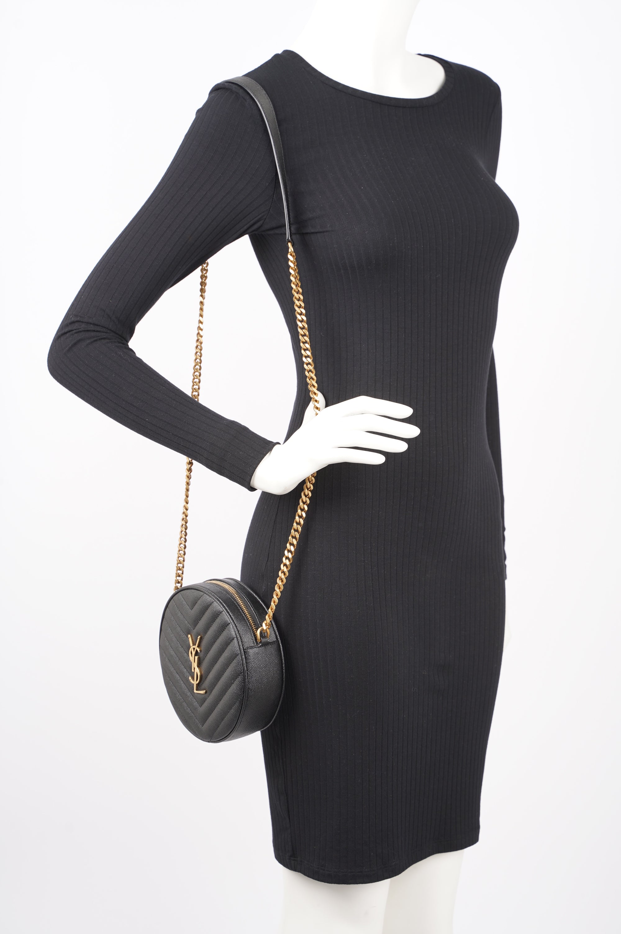 Saint Laurent Womens Vinyle Round Camera Bag Black / Gold OS