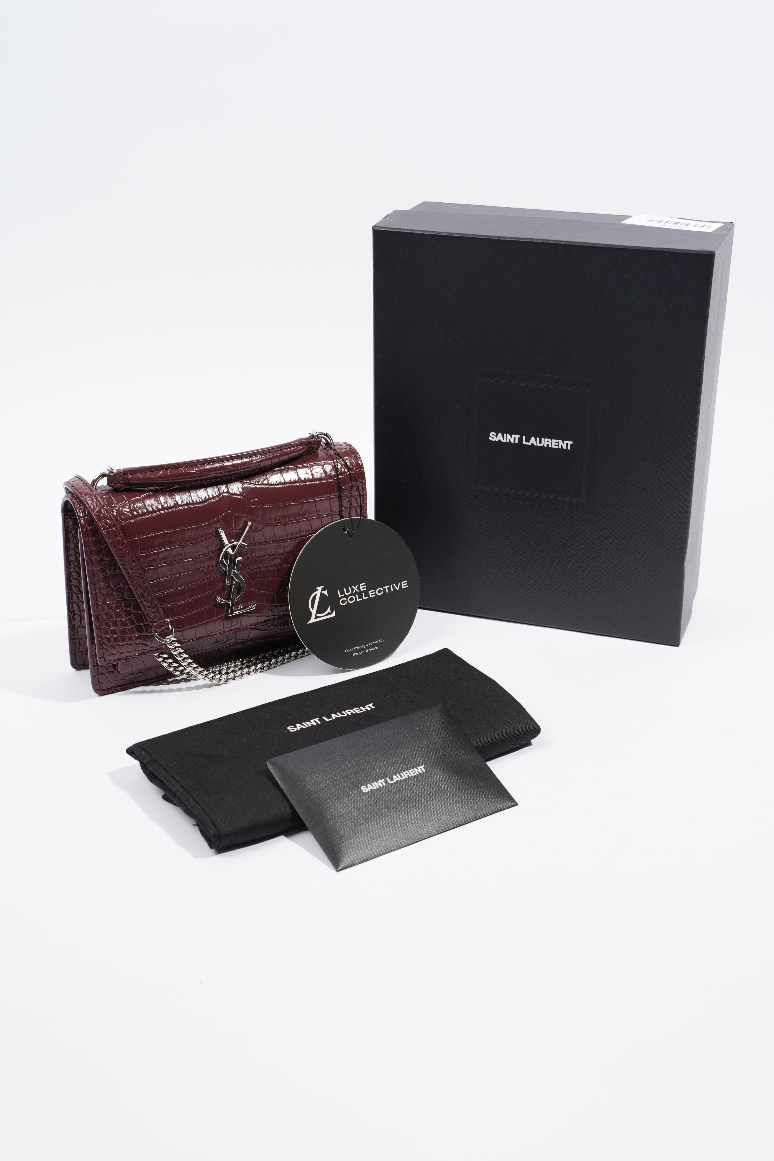 Saint Laurent Sunset Chain Wallet Burgundy Croc