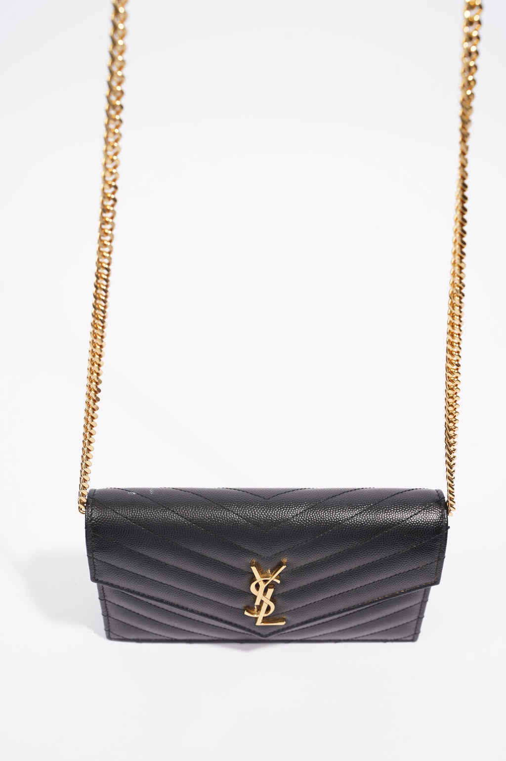 Saint Laurent Womens Cassandre Wallet on Chain Black Leather
