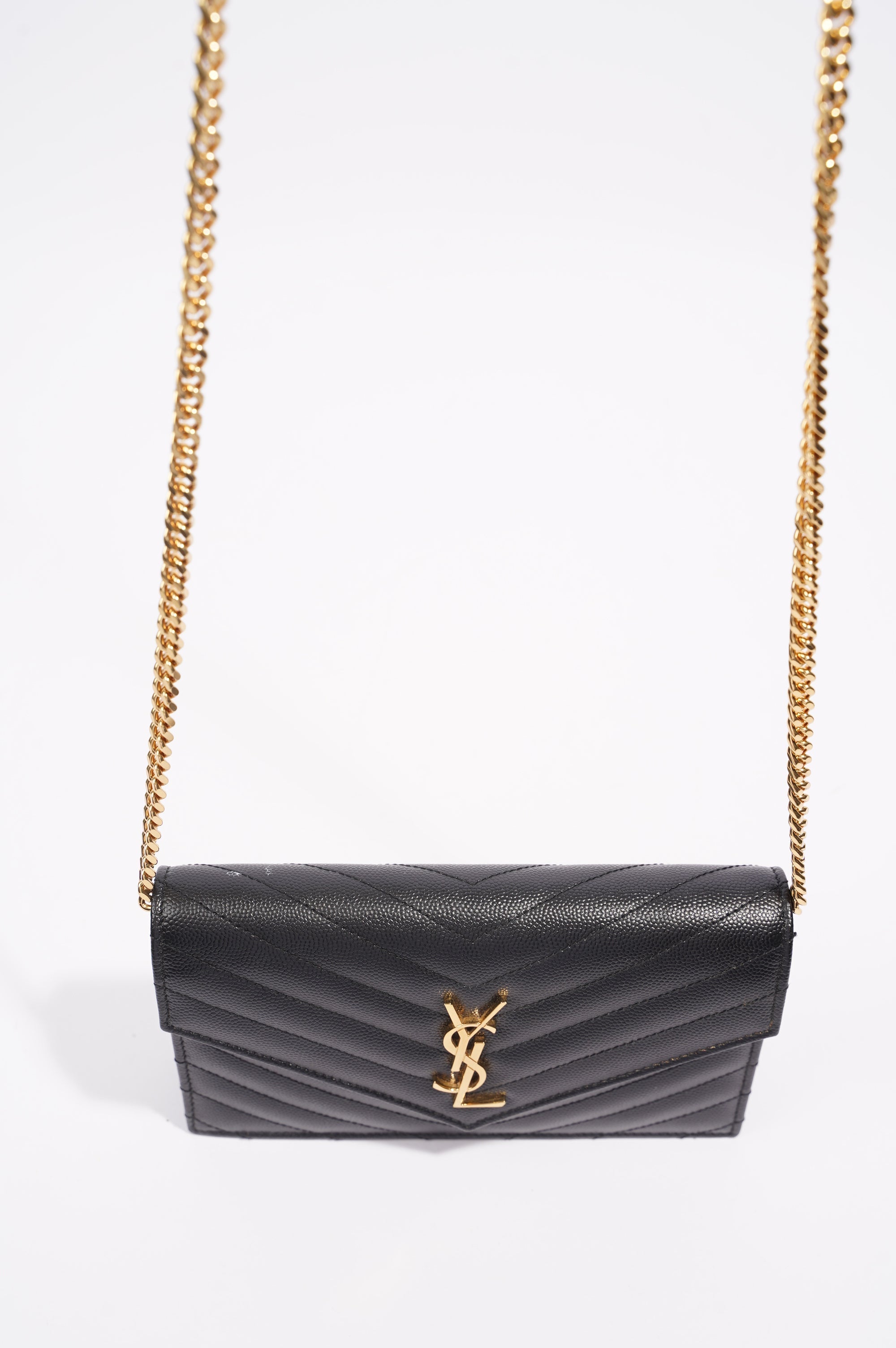 Saint Laurent Womens Cassandre Wallet on Chain Black Leather
