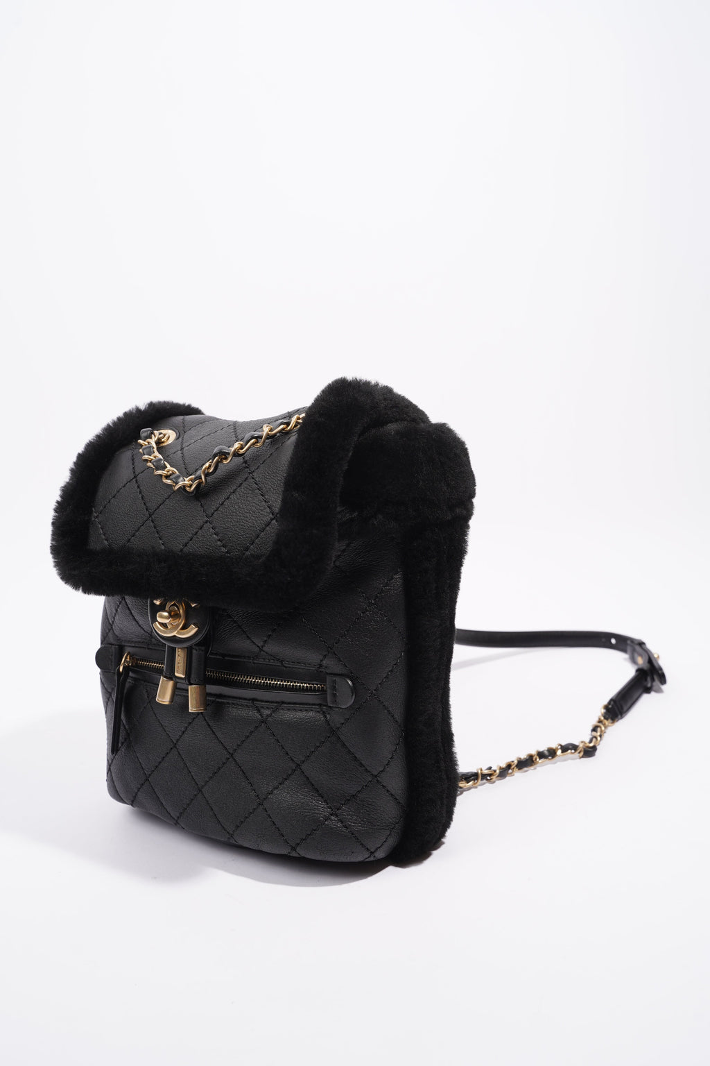 Chanel Womens Shearling Lambskin Backpack Black