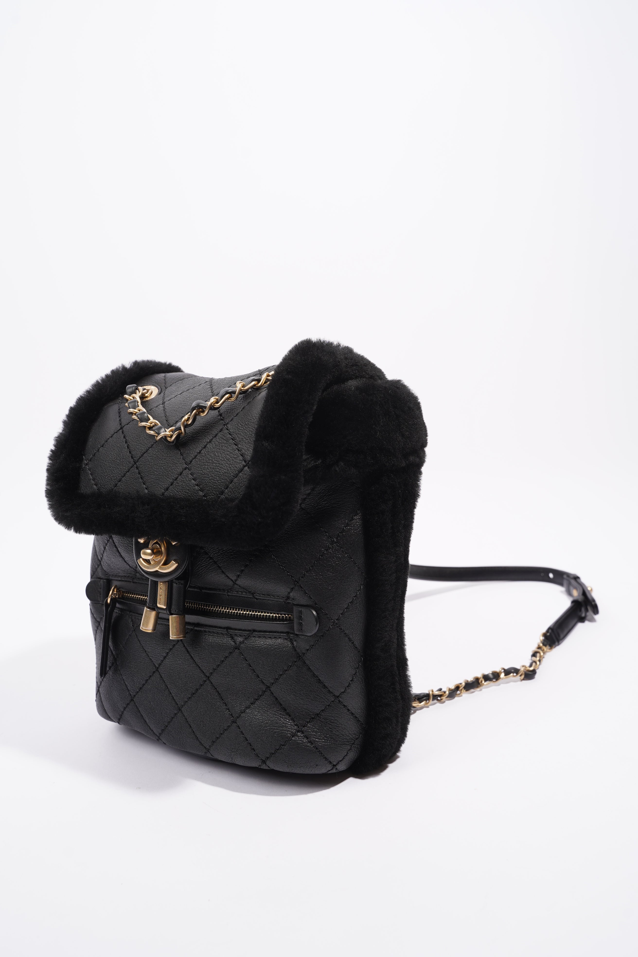 Chanel Womens Shearling Lambskin Backpack Black
