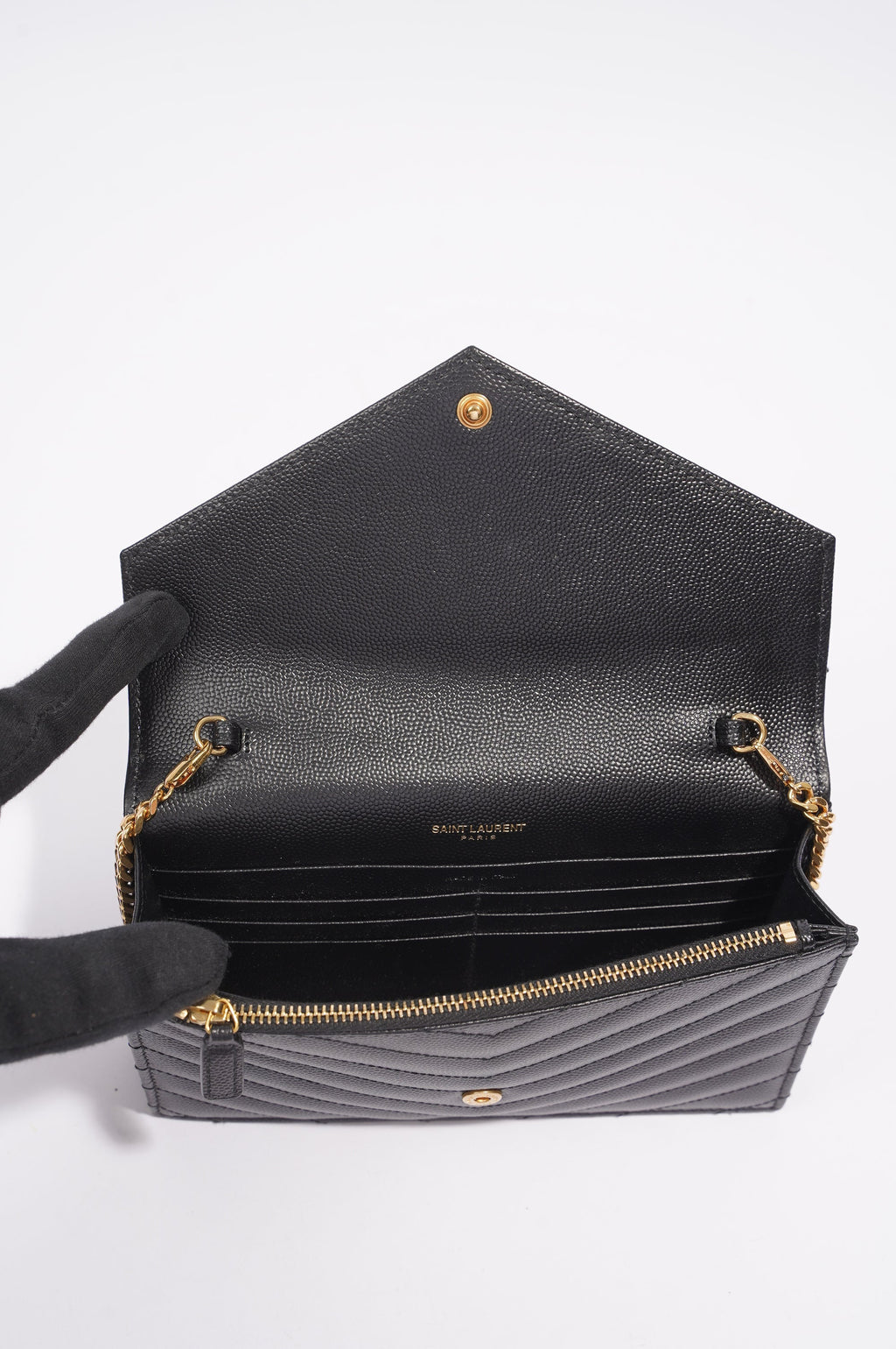 Saint Laurent Womens Cassandre Wallet on Chain Black Leather