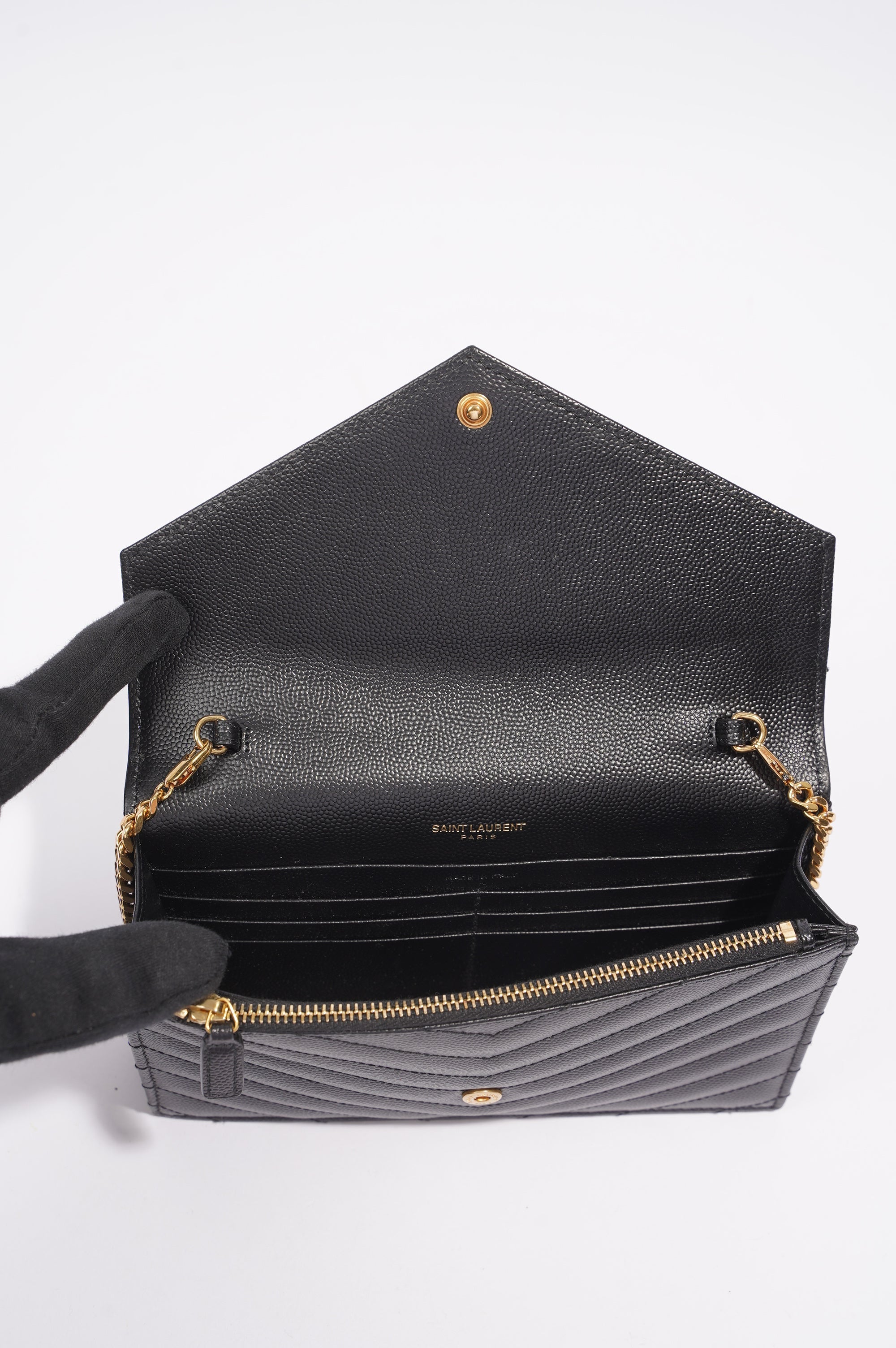 Saint Laurent Womens Cassandre Wallet on Chain Black Leather