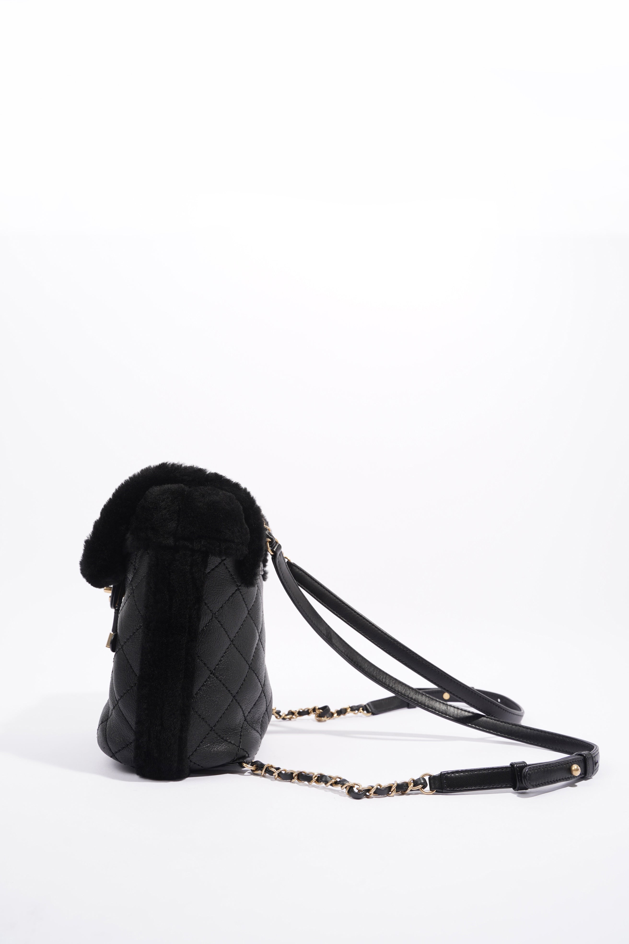 Chanel Womens Shearling Lambskin Backpack Black