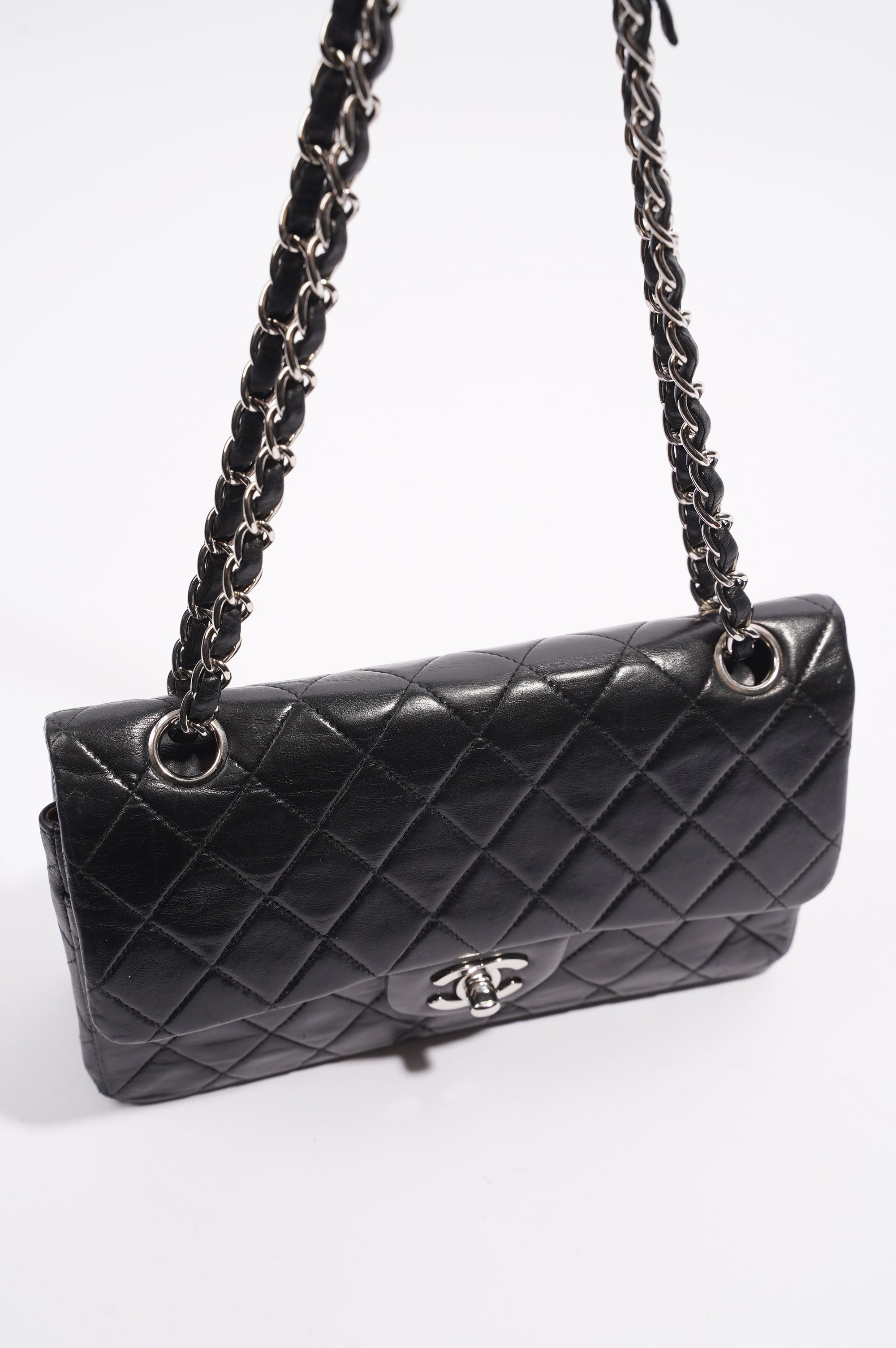Chanel Womens Lambskin Double Flap Black Small