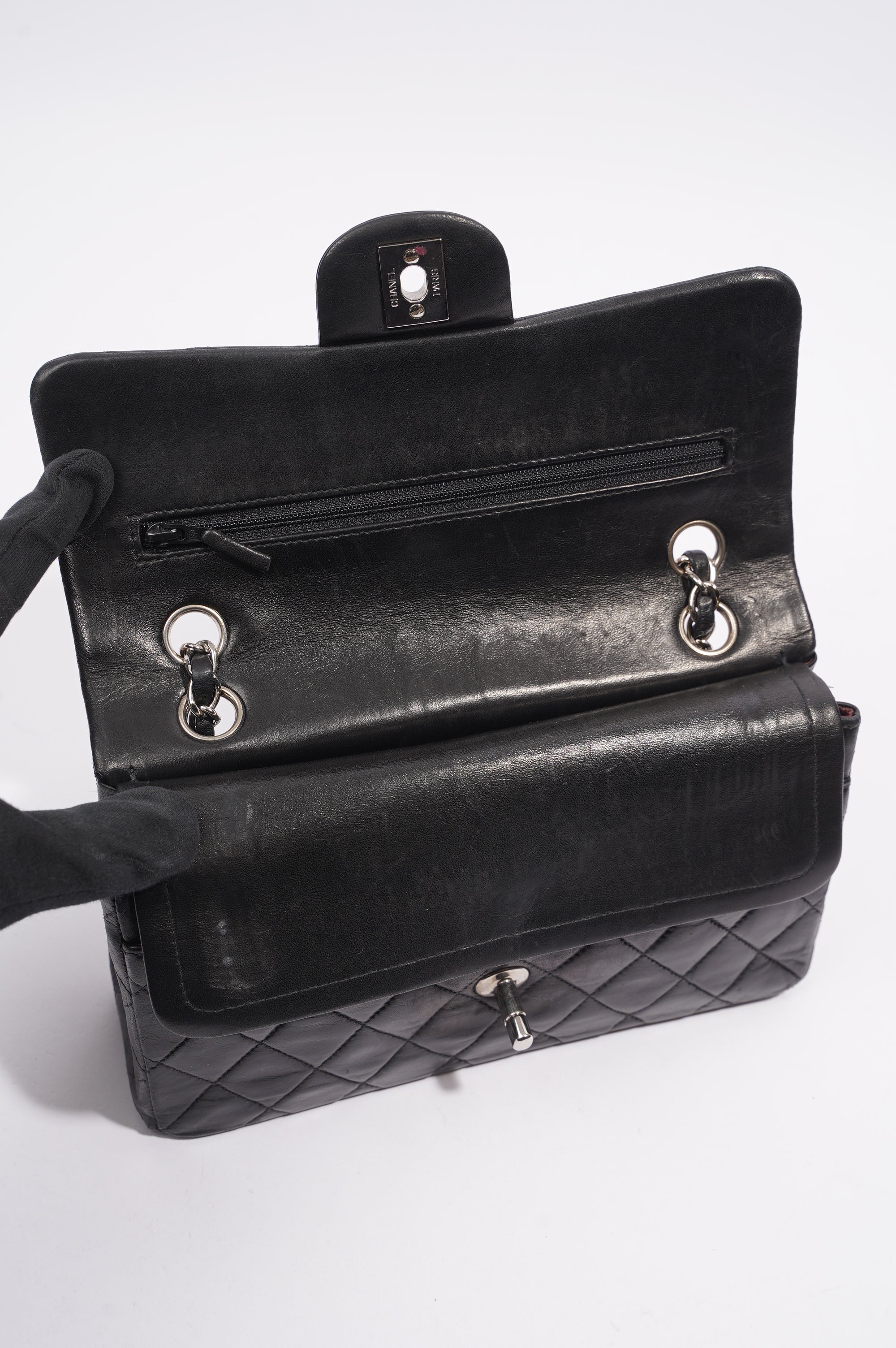 Chanel Womens Lambskin Double Flap Black Small