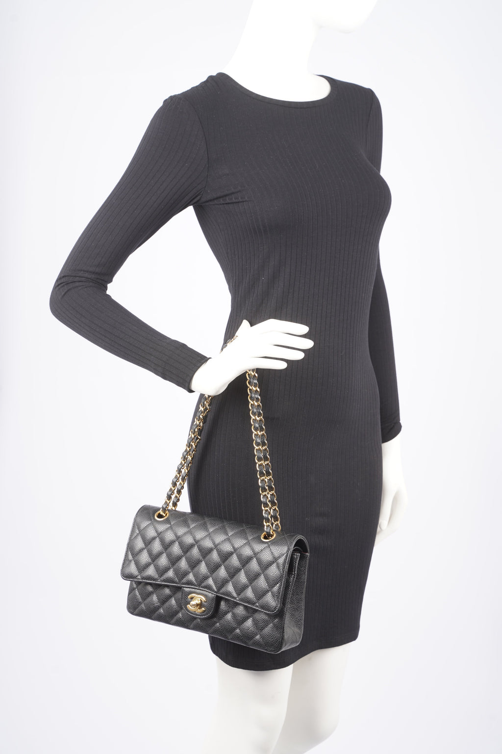 Chanel Womens Classic Flap Black Gold Medium