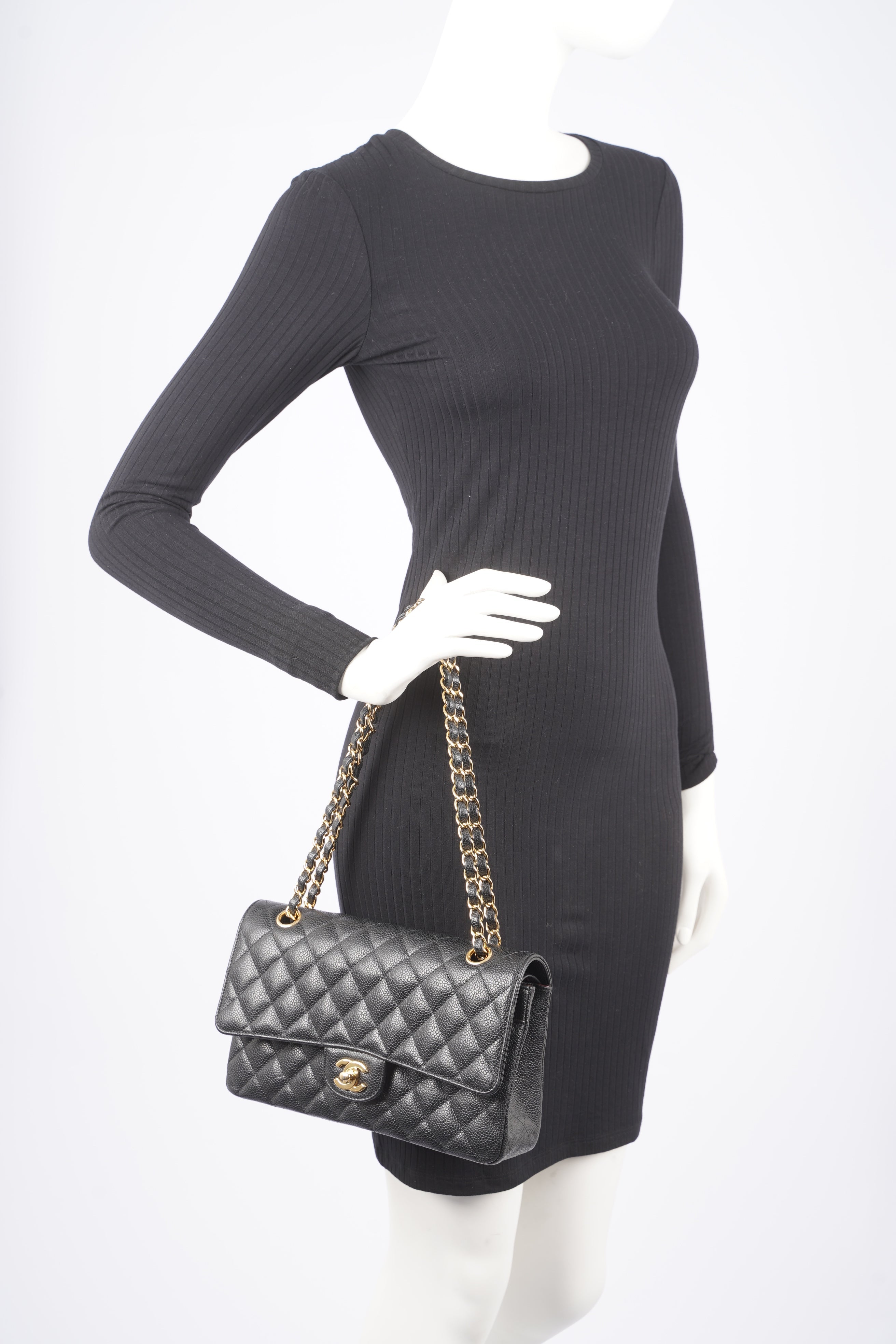 Chanel Womens Classic Flap Black Gold Medium
