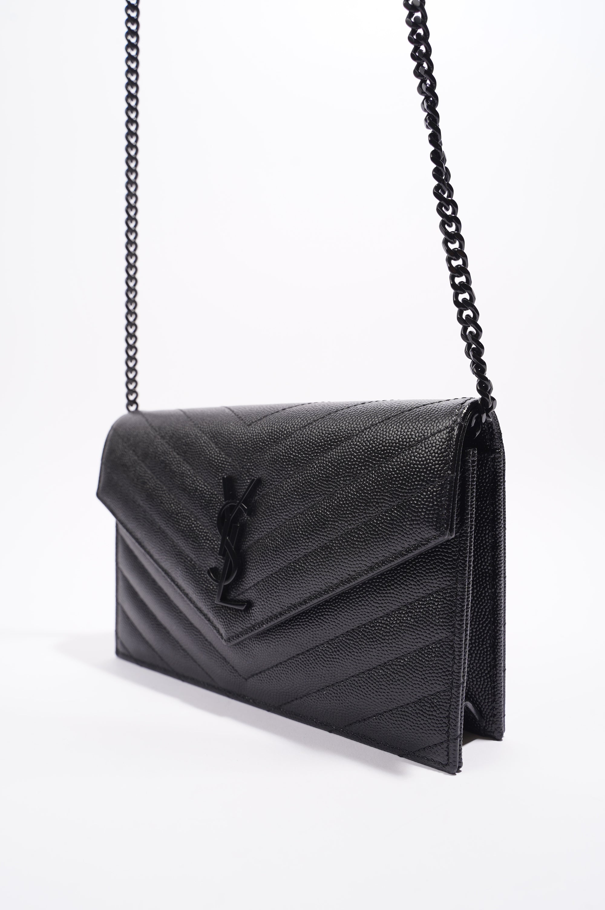 Saint Laurent Womens Cassandre Envelope Chain Bag Black Leather