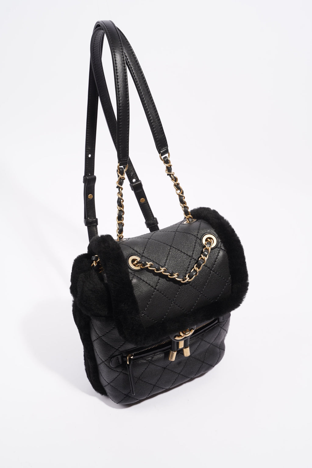 Chanel Womens Shearling Lambskin Backpack Black