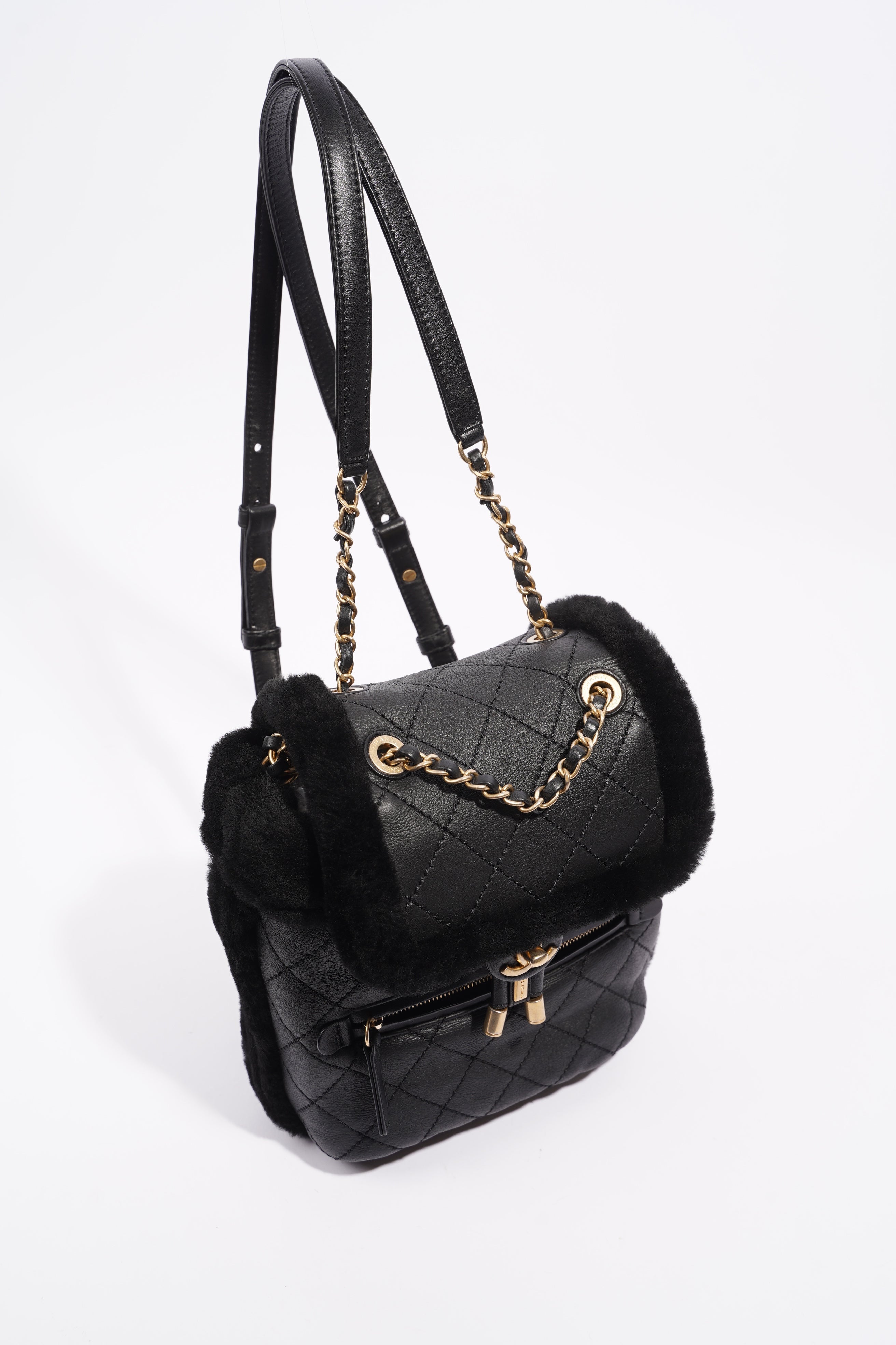 Chanel Womens Shearling Lambskin Backpack Black