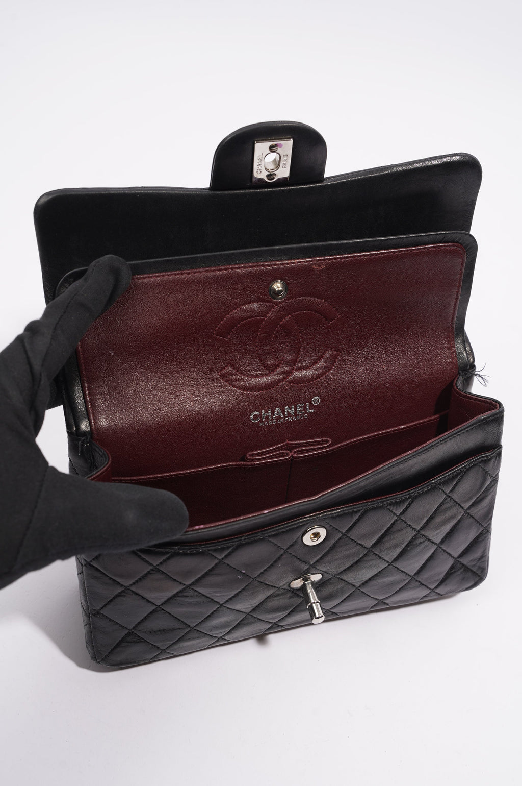 Chanel Womens Lambskin Double Flap Black Small