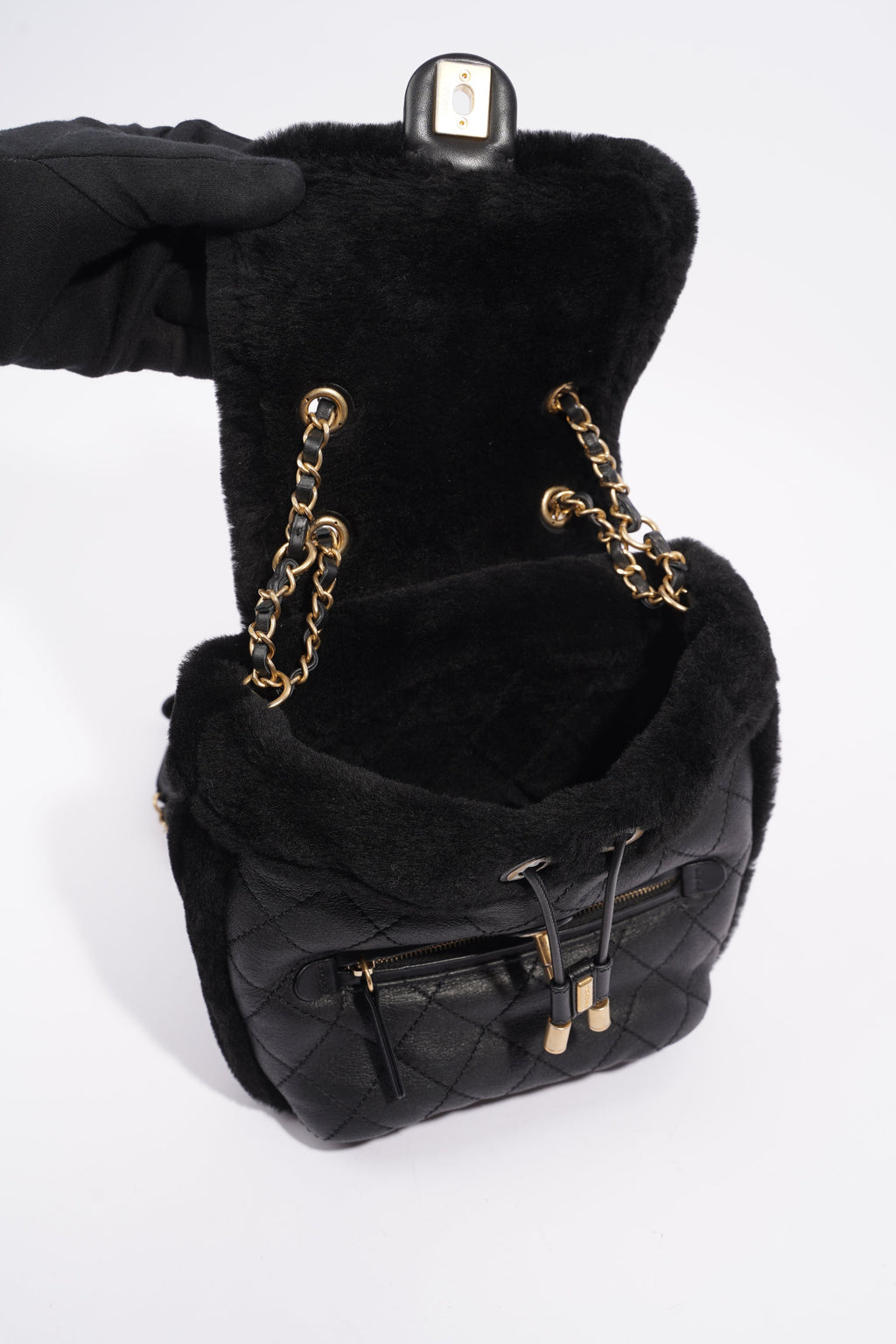 Chanel Womens Shearling Lambskin Backpack Black