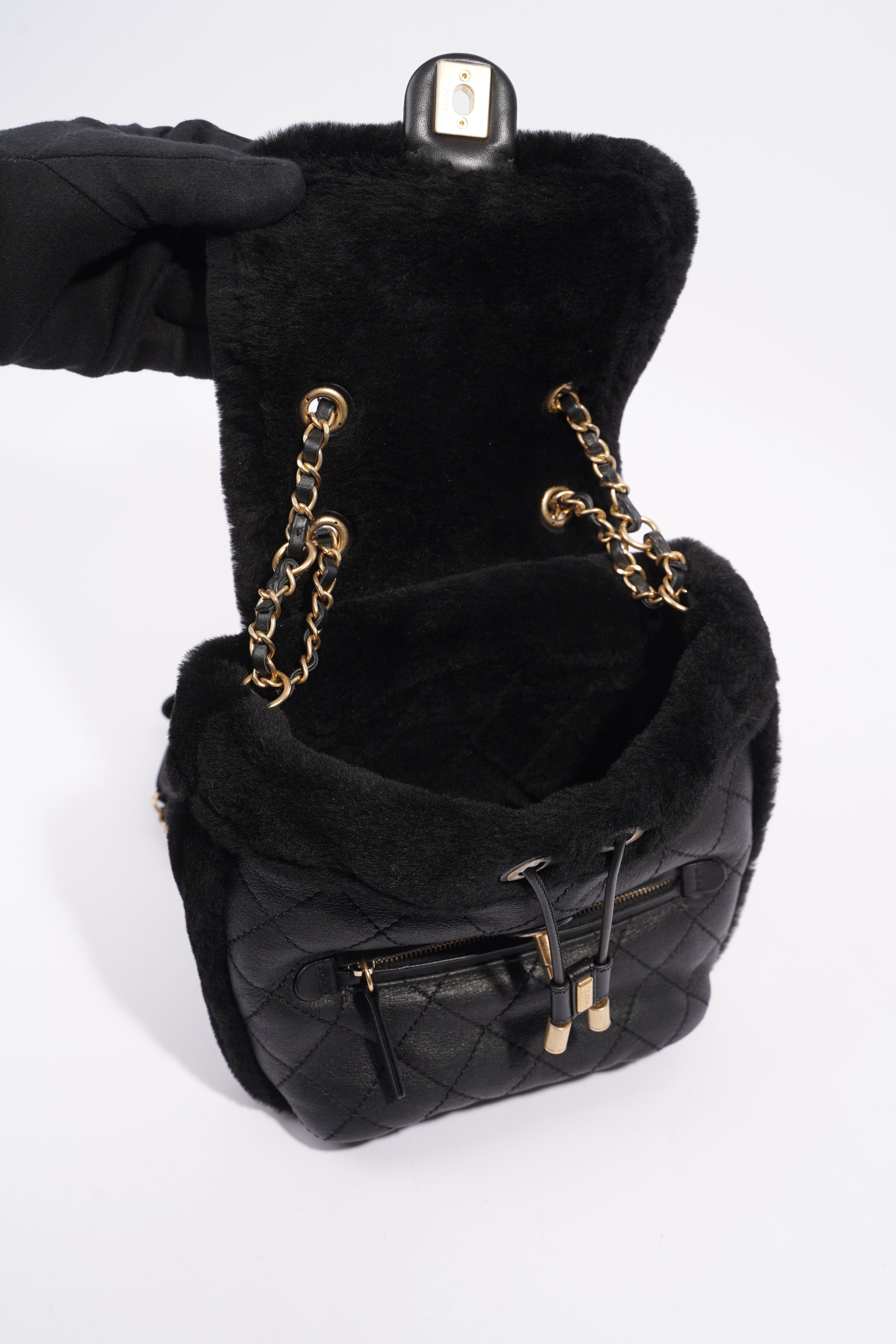 Chanel Womens Shearling Lambskin Backpack Black