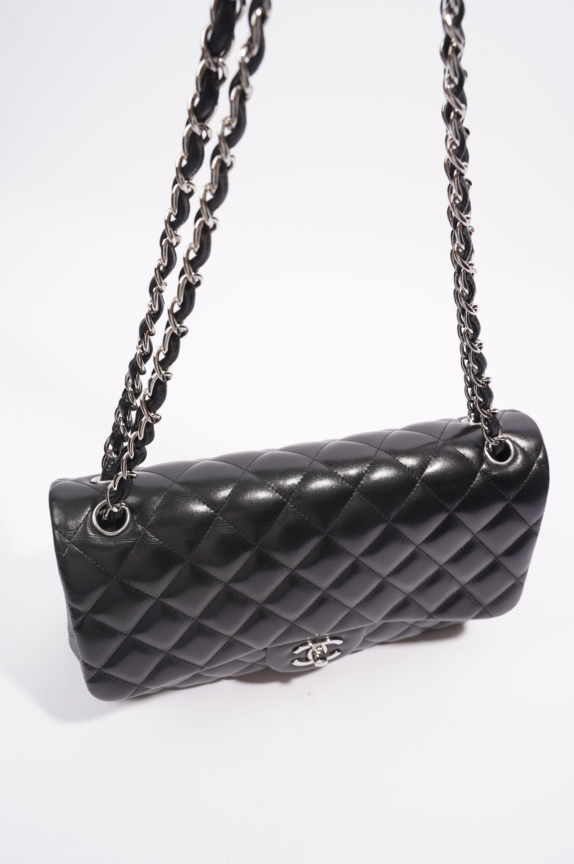 Chanel Double Flap Bag Black Lambskin Leather Large