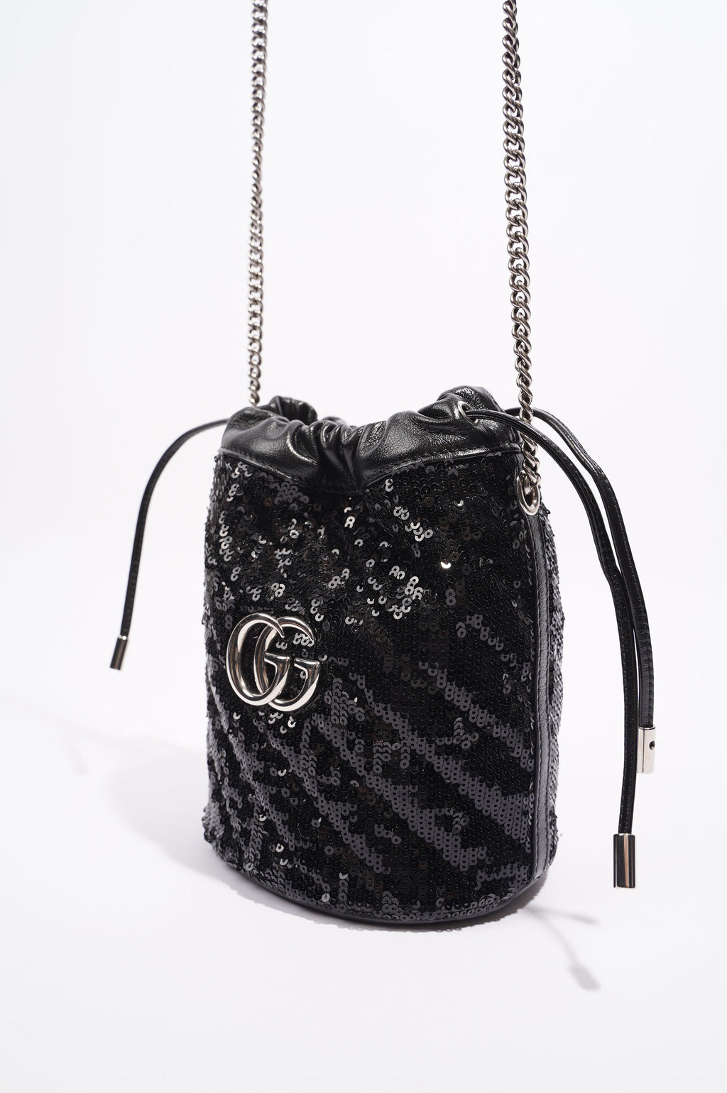 Gucci Womens GG Marmont Bucket Bag Black Leather / Sequin Mini