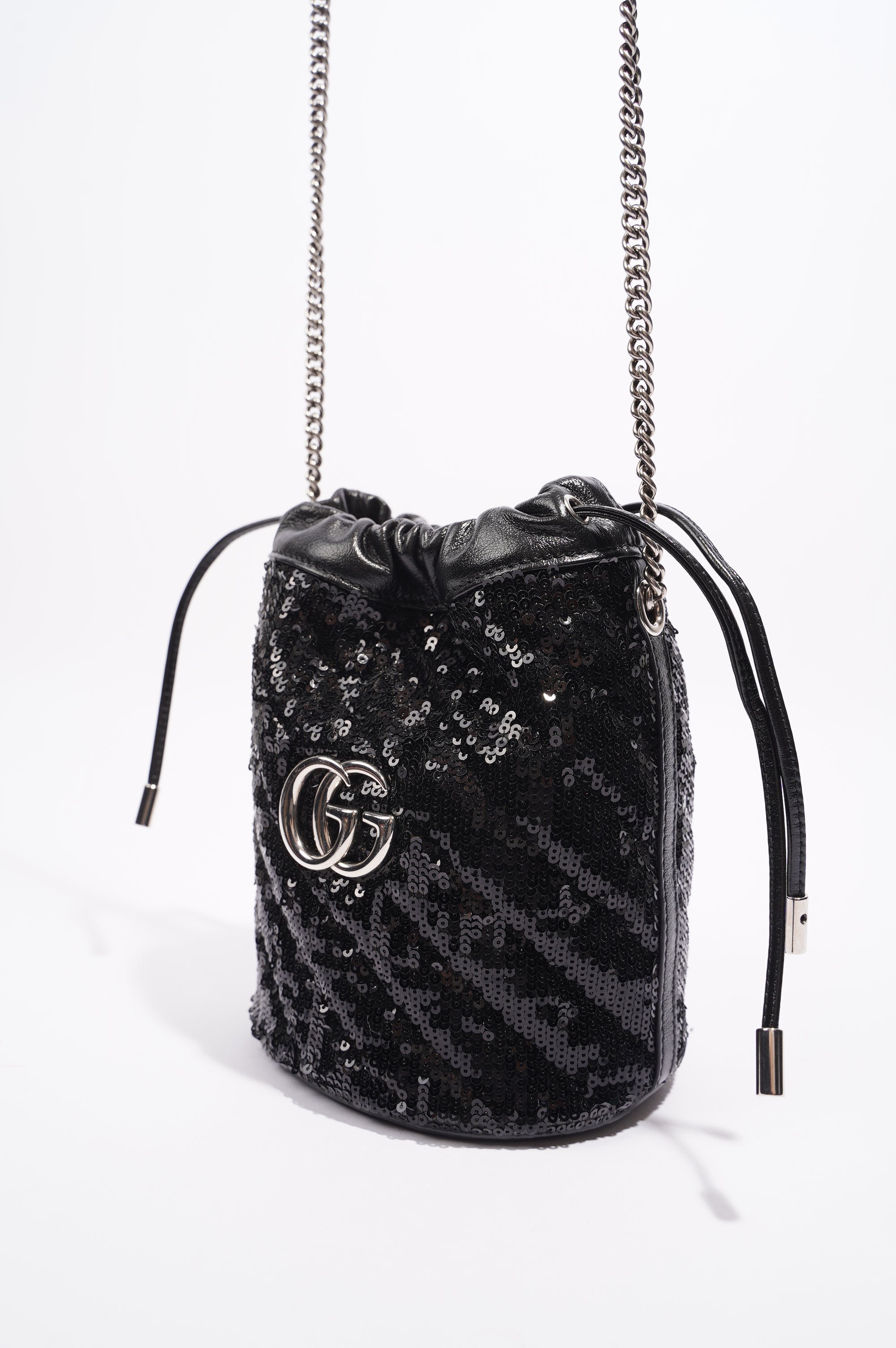 Gucci Womens GG Marmont Bucket Bag Black Leather / Sequin Mini
