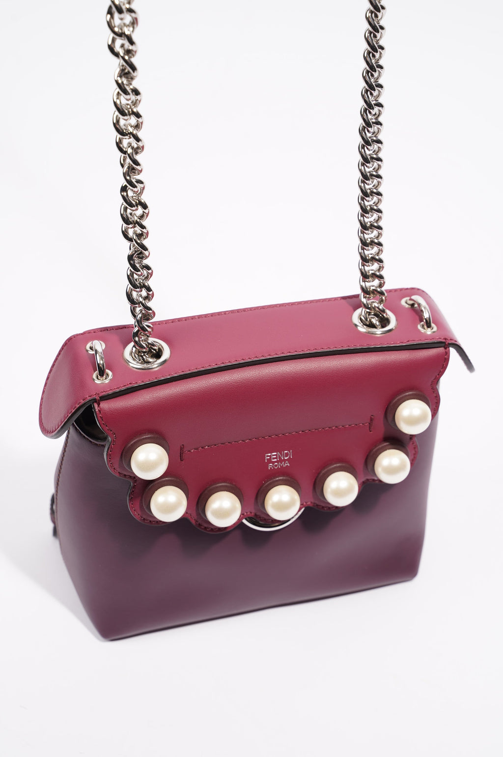 Fendi Womens Pearl Scalloped Mini Back To School Backpack Black / Cherry