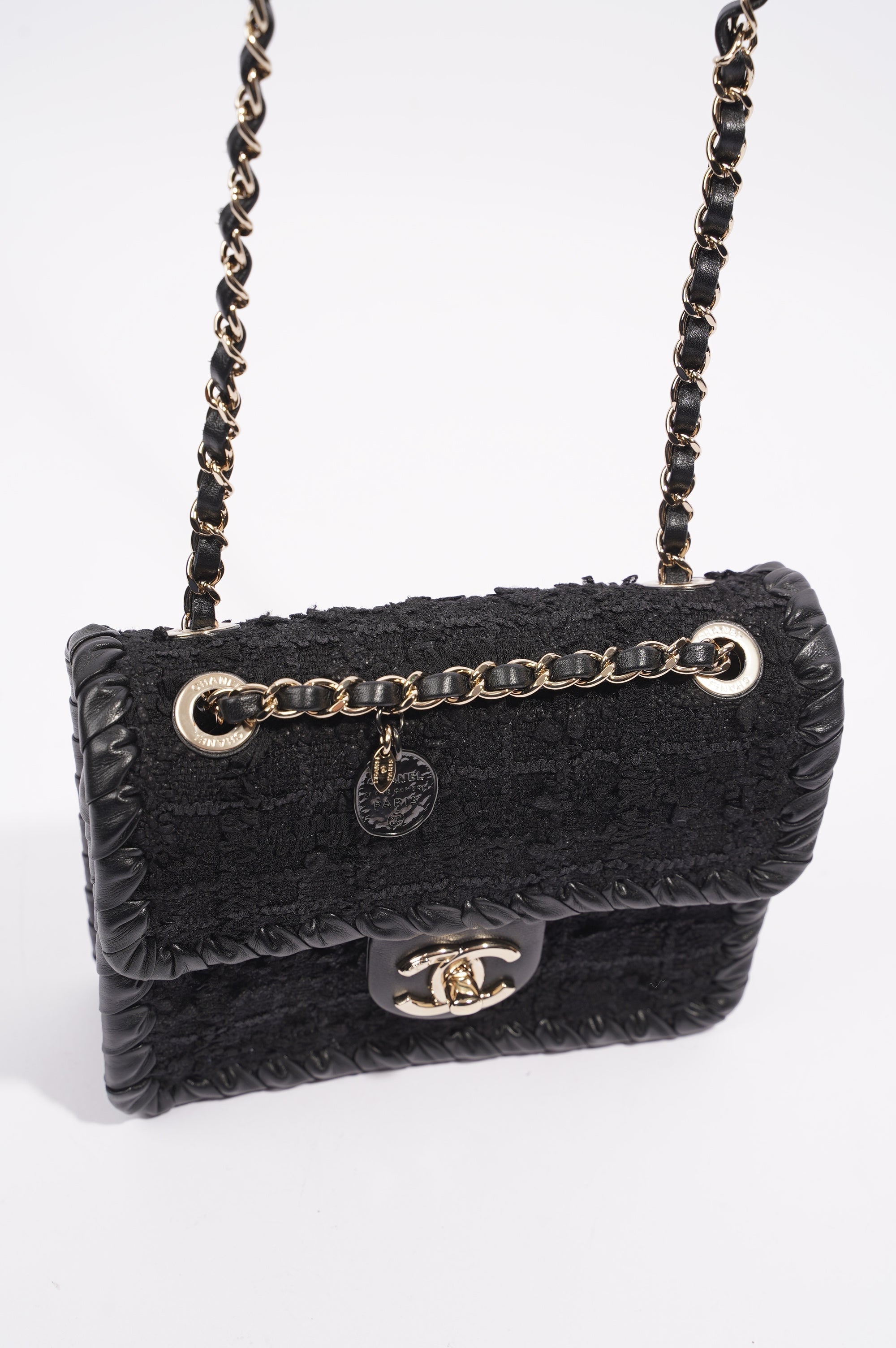 Chanel Womens Flap Bag Black Tweed Mini