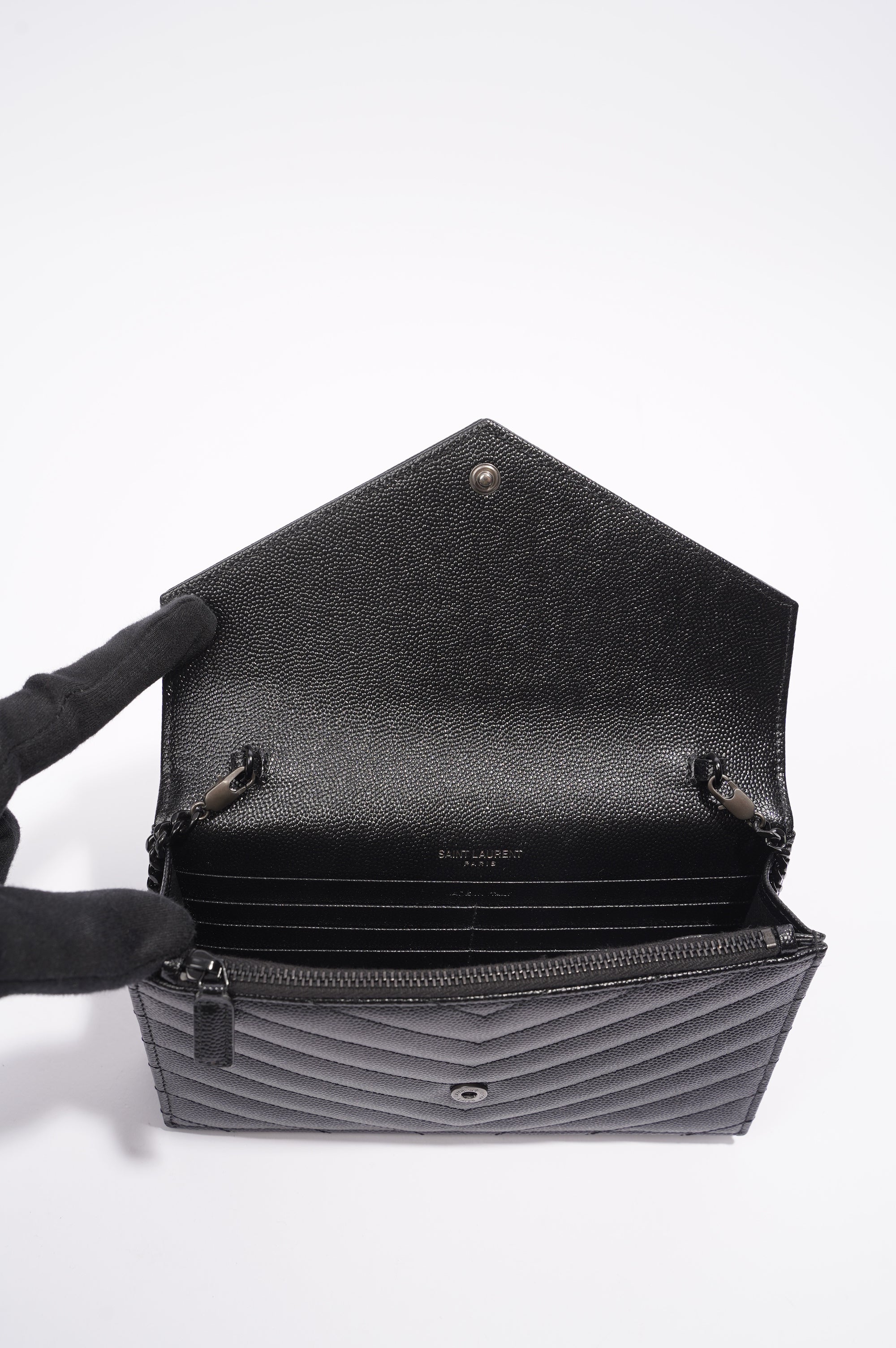Saint Laurent Womens Cassandre Envelope Chain Bag Black Leather