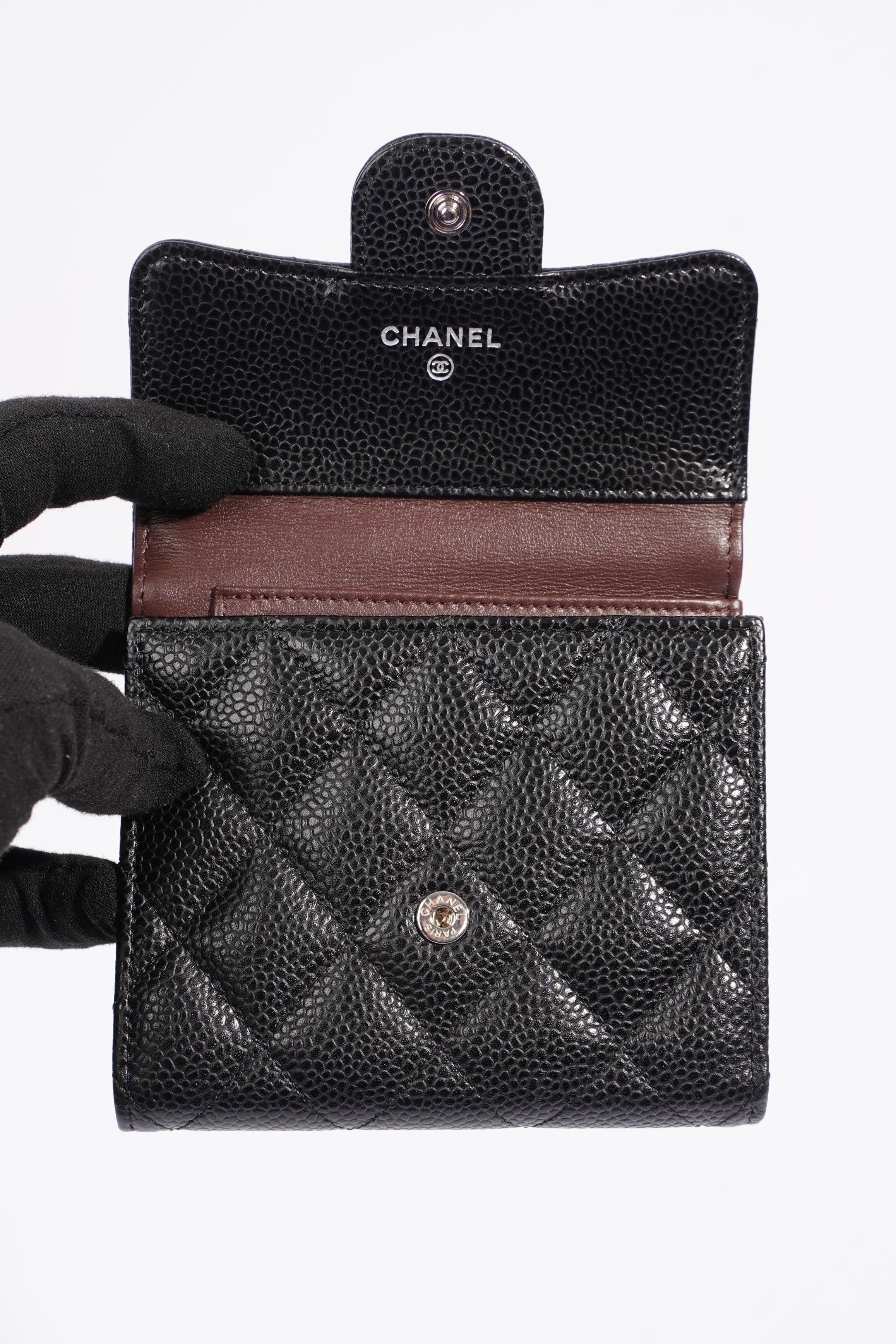 Chanel Womens Classic Flap Wallet Black Caviar Leather Small
