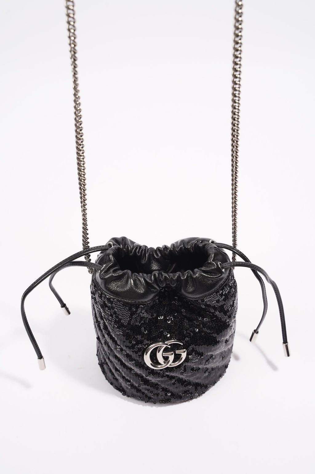 Gucci Womens GG Marmont Bucket Bag Black Leather / Sequin Mini