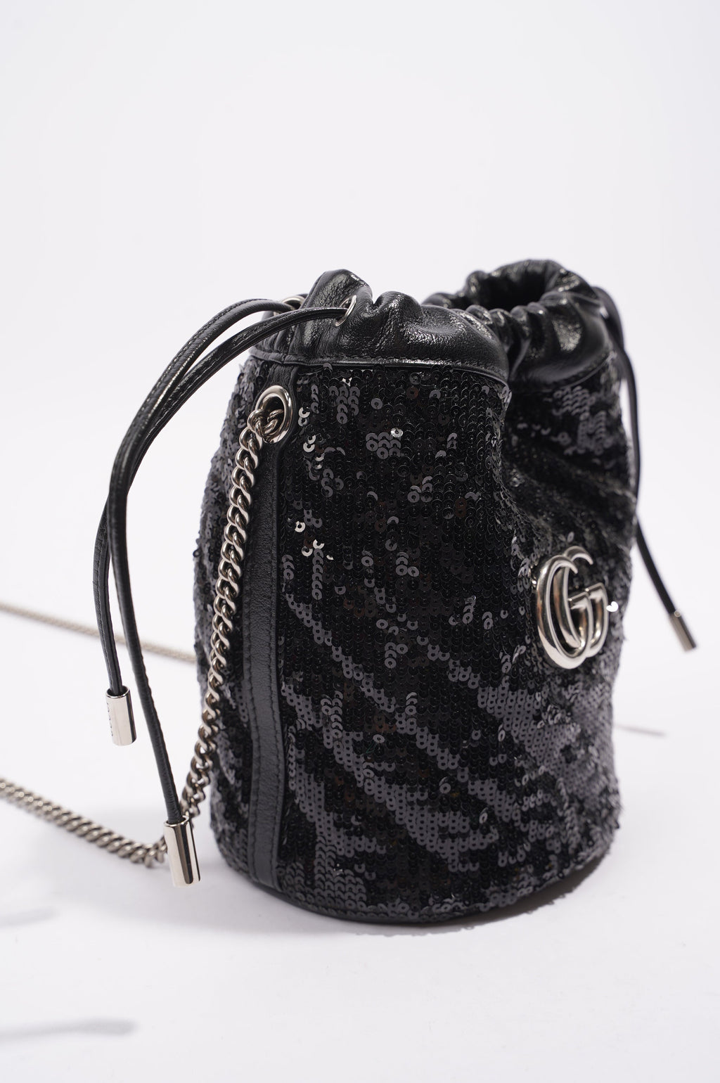 Gucci Womens GG Marmont Bucket Bag Black Leather / Sequin Mini