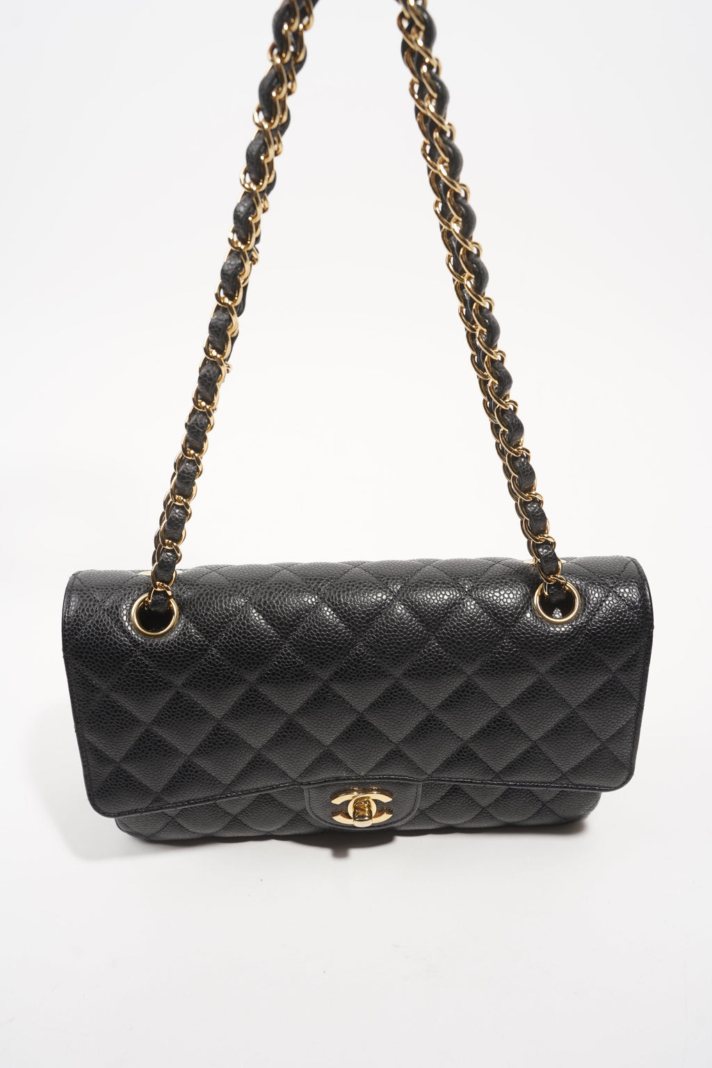 Chanel Womens Classic Flap Black Gold Medium