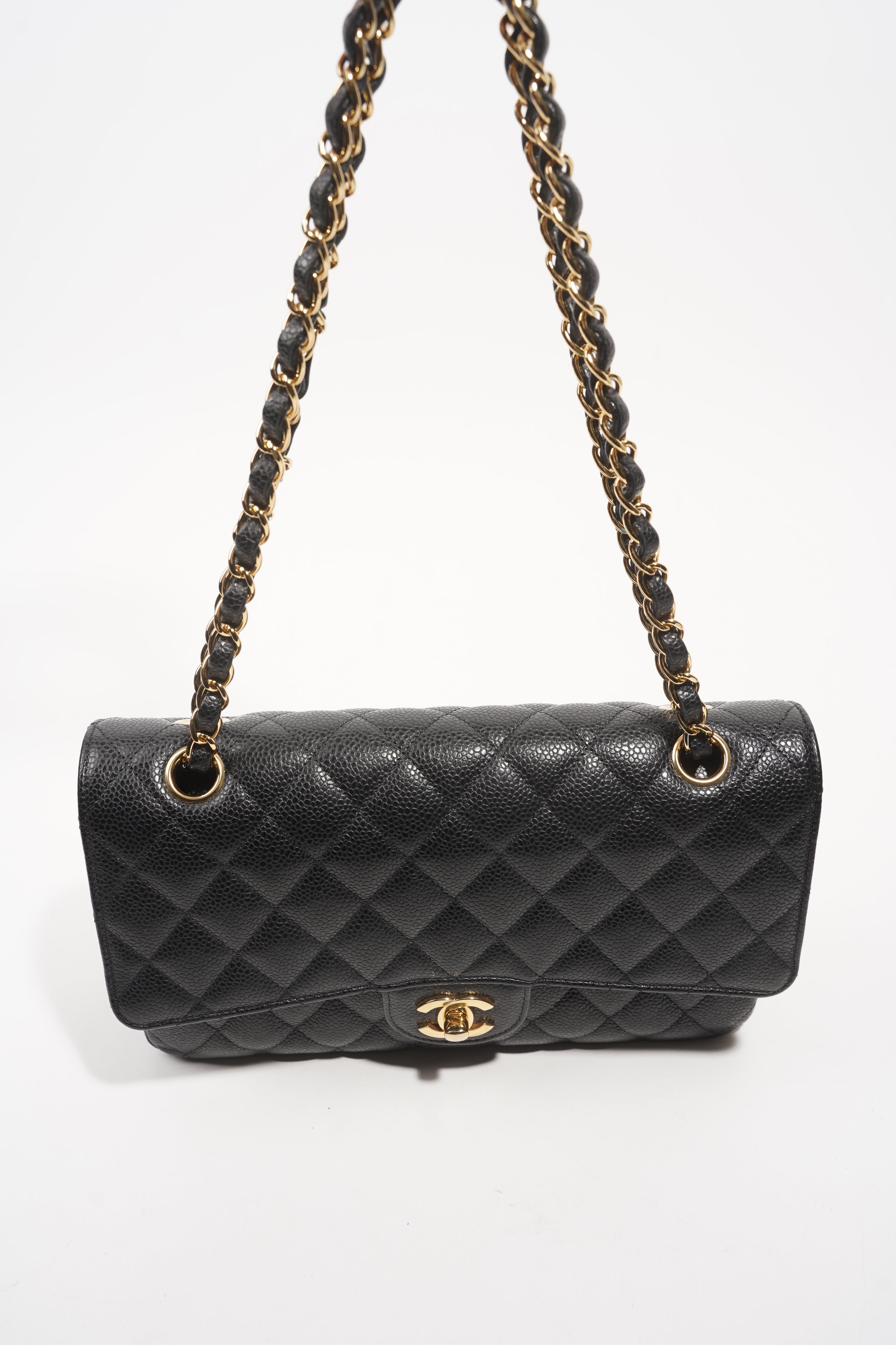 Chanel Womens Classic Flap Black Gold Medium