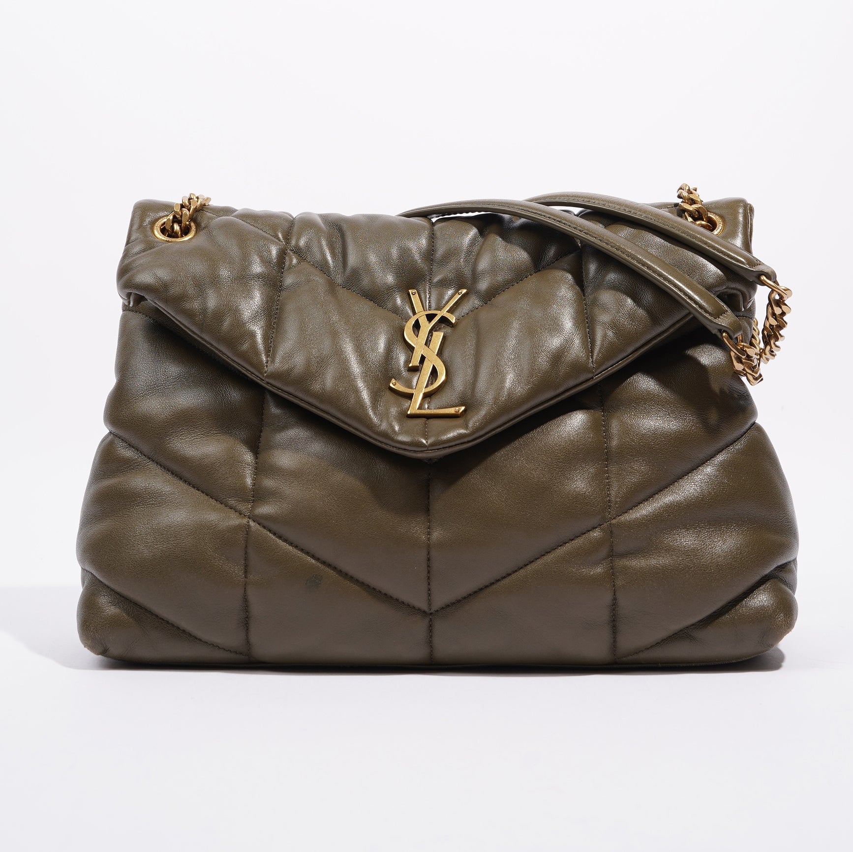 Saint Laurent Womens Lou Lou Puffer Bag Khaki Leather Medium