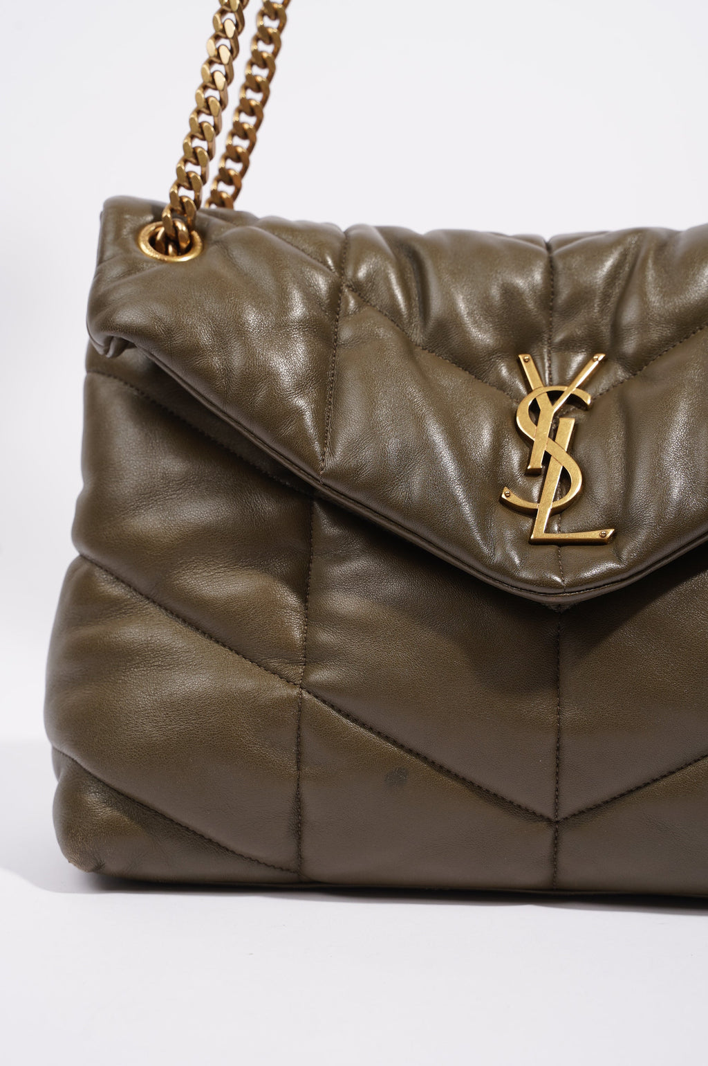 Saint Laurent Womens Lou Lou Puffer Bag Khaki Leather Medium