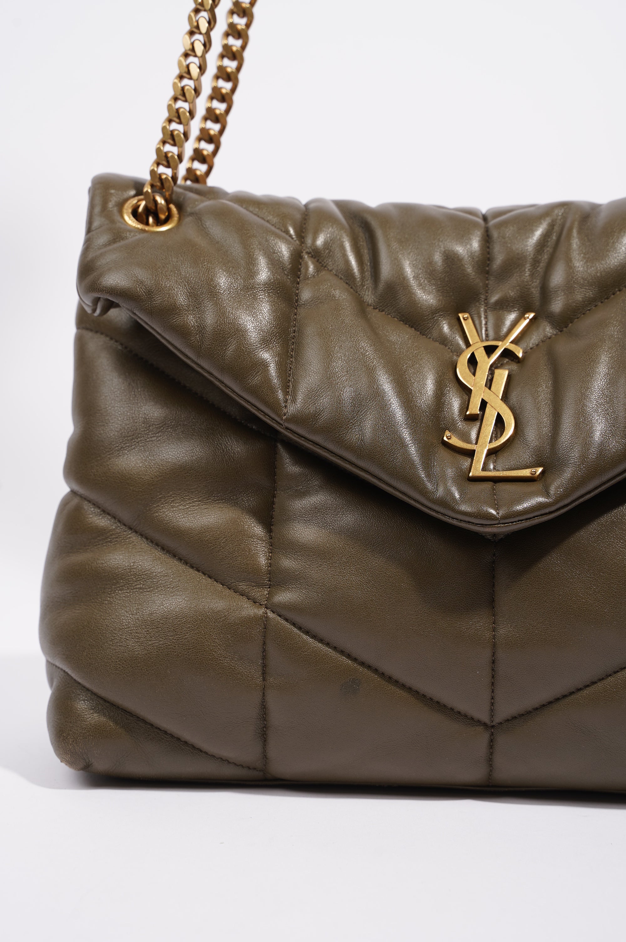 Saint Laurent Womens Lou Lou Puffer Bag Khaki Leather Medium