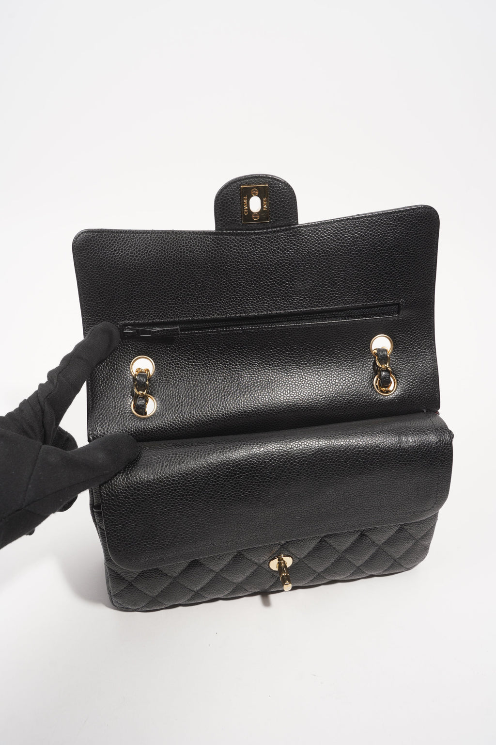 Chanel Womens Classic Flap Black Gold Medium