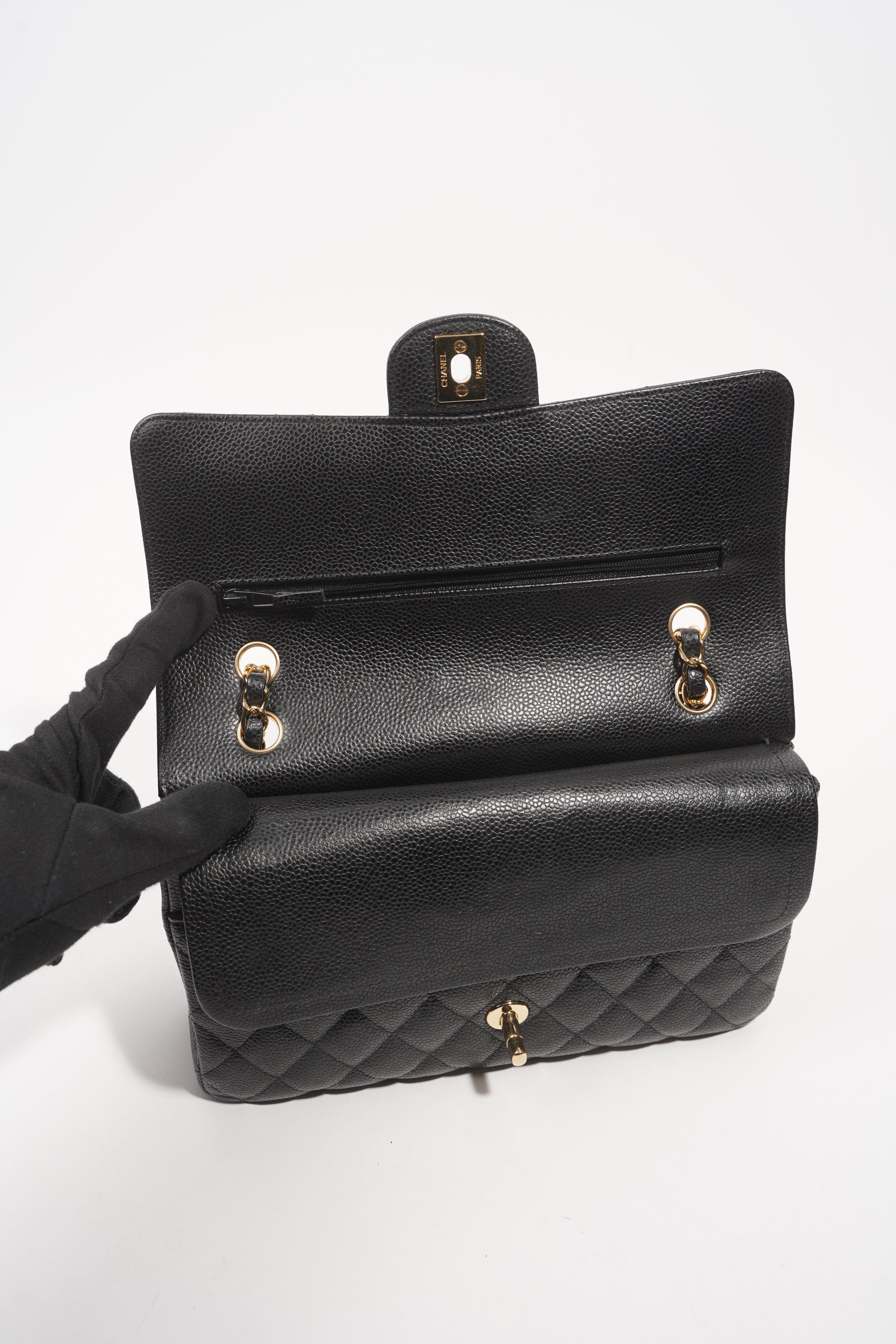 Chanel Womens Classic Flap Black Gold Medium