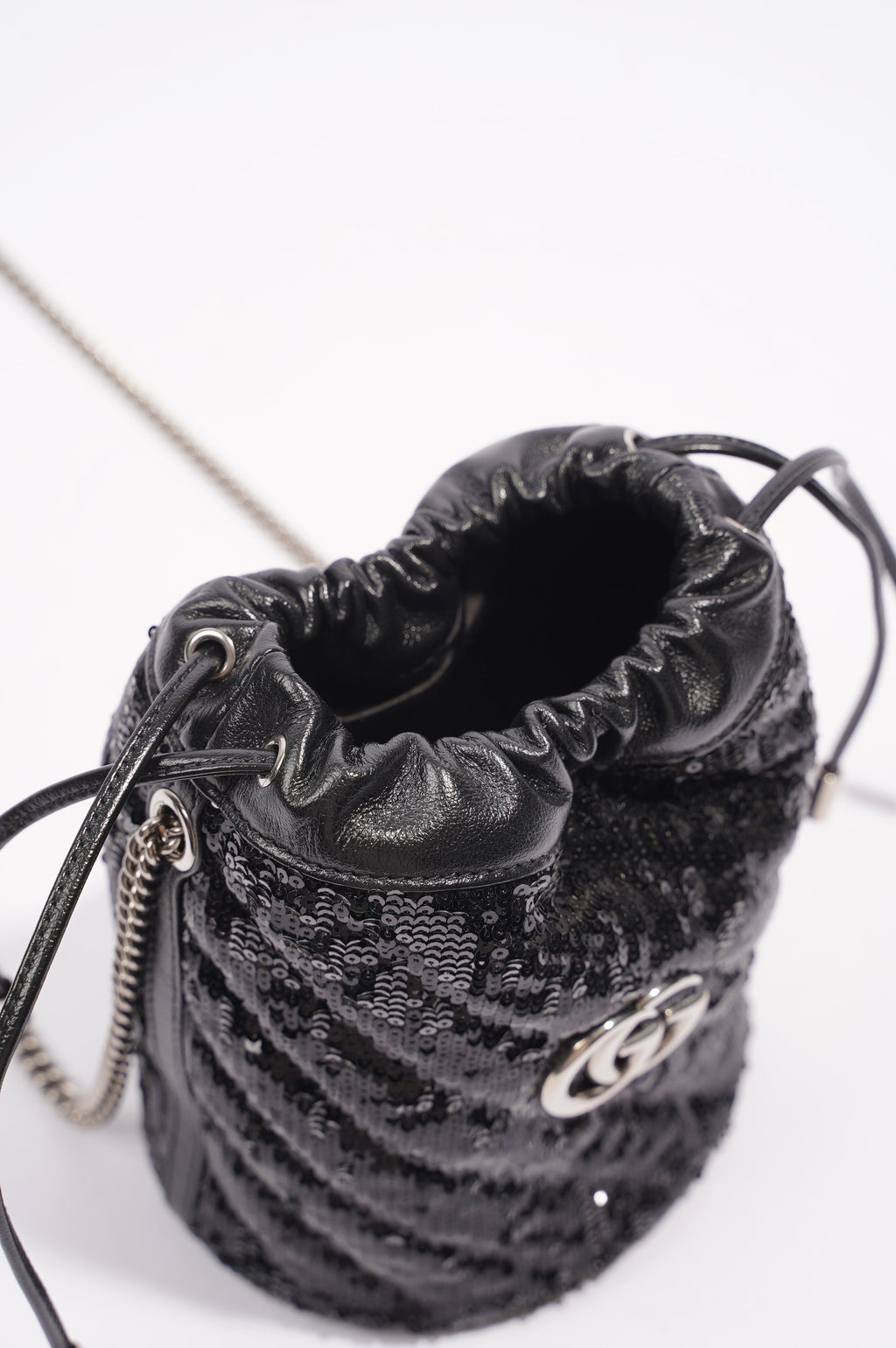 Gucci Womens GG Marmont Bucket Bag Black Leather / Sequin Mini
