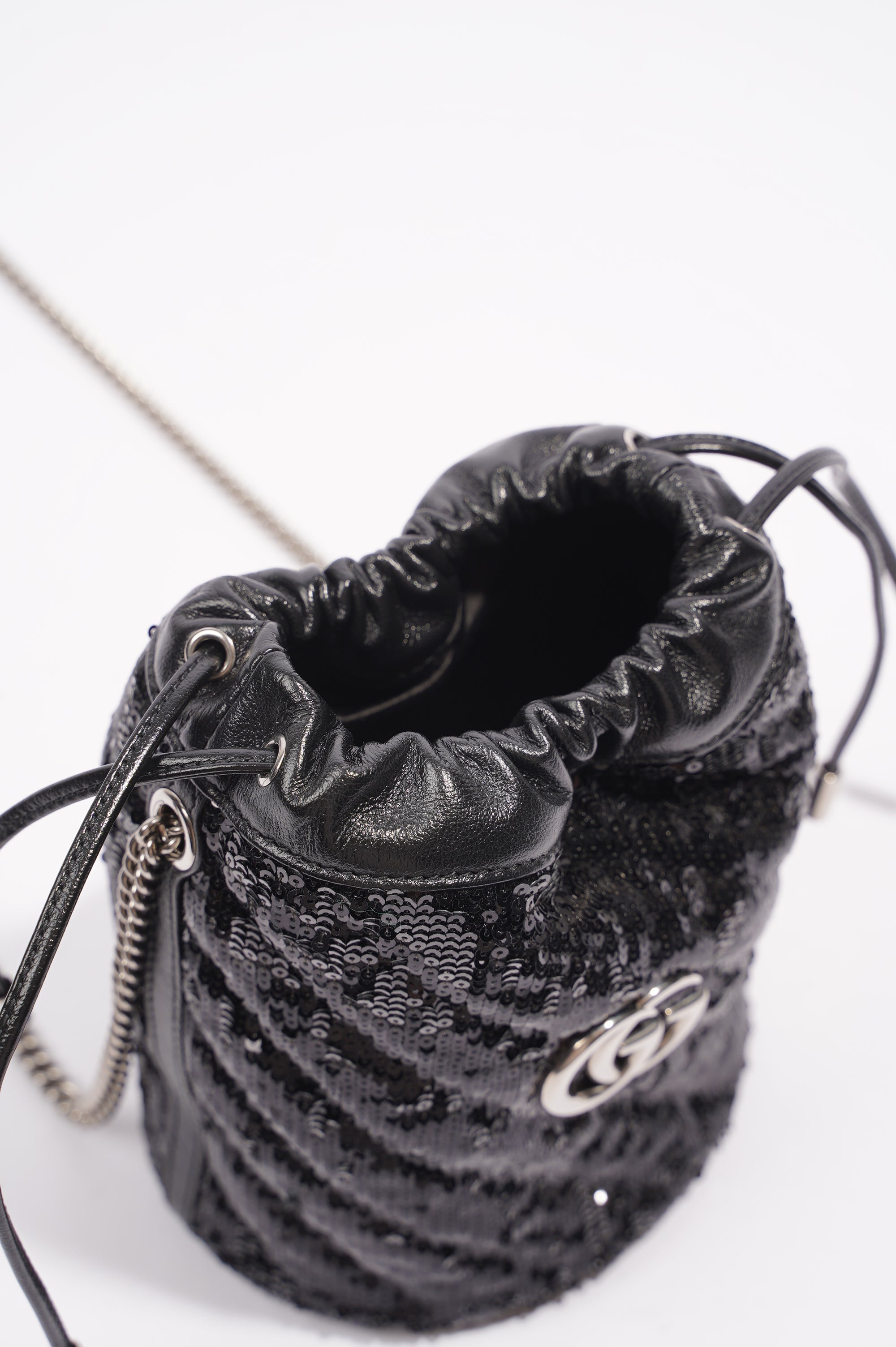 Gucci Womens GG Marmont Bucket Bag Black Leather / Sequin Mini