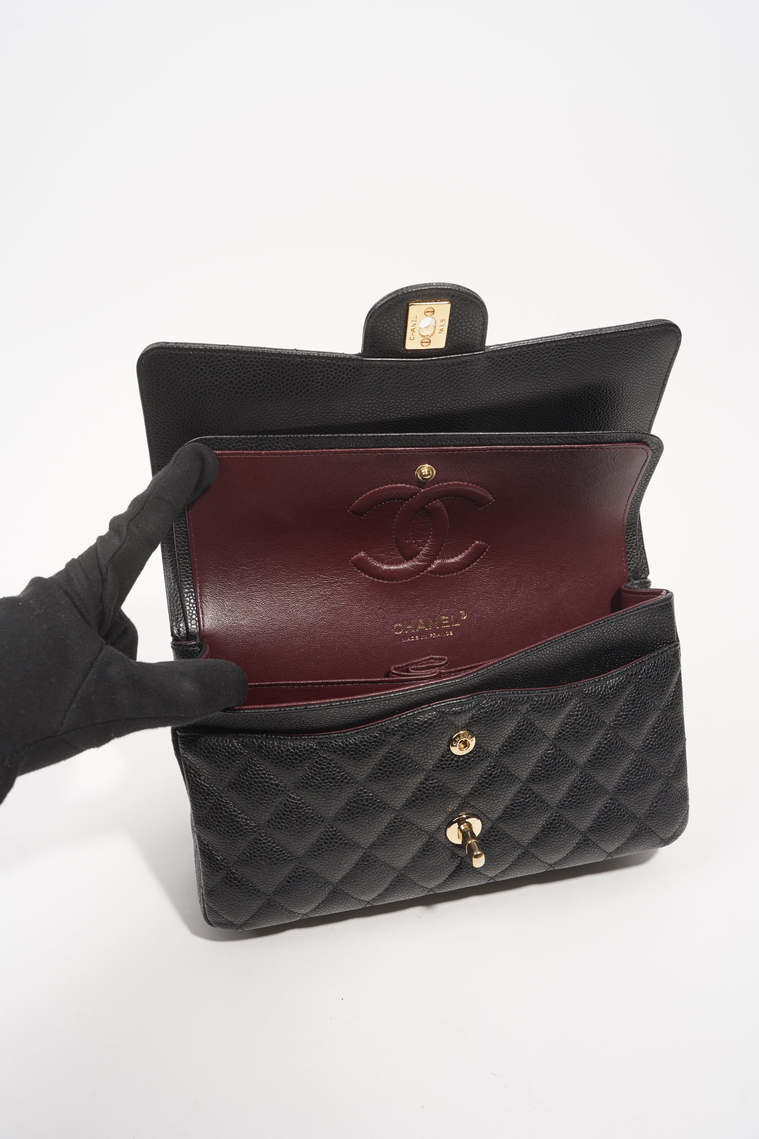 Chanel Womens Classic Flap Black Gold Medium