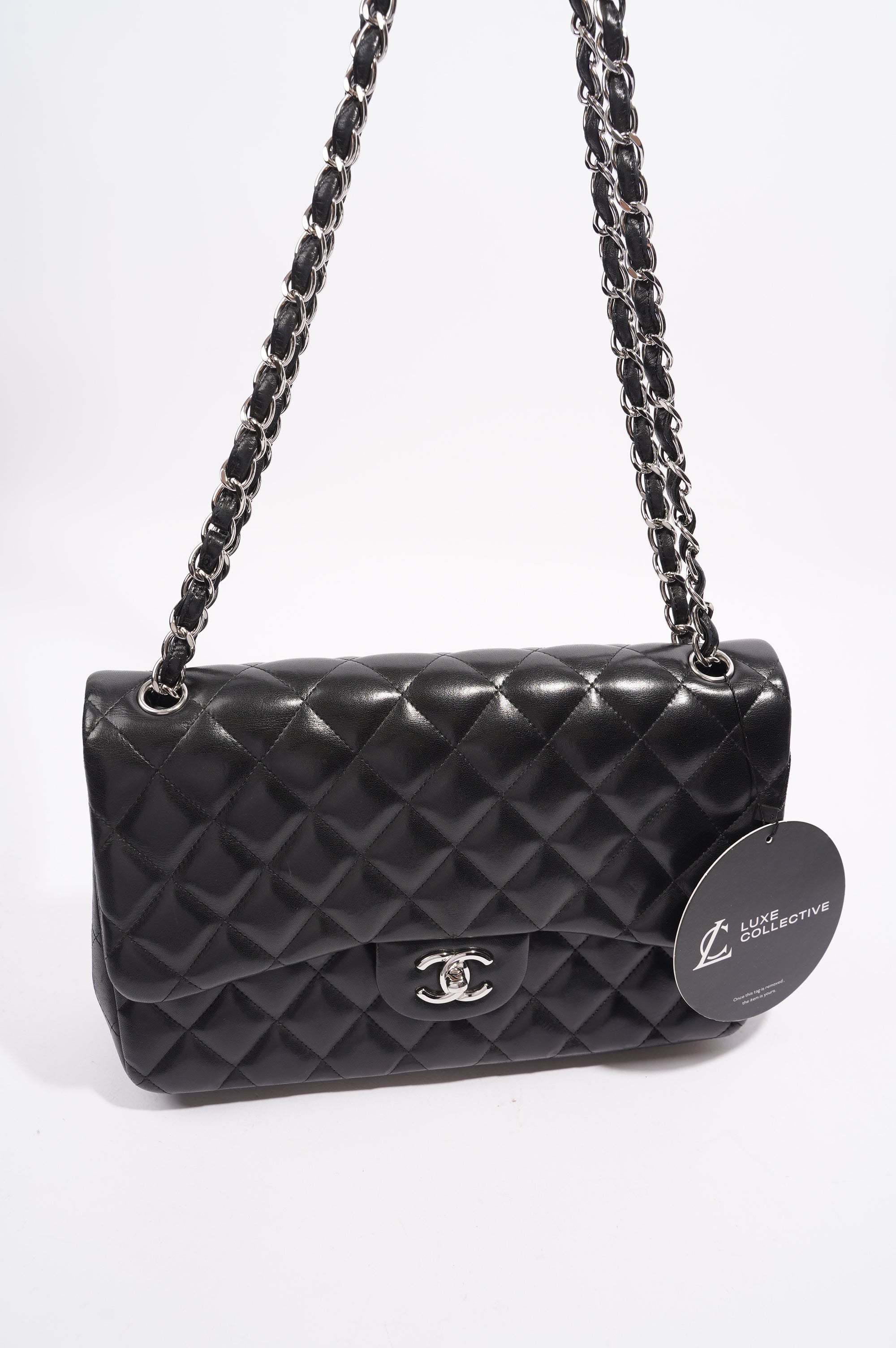Chanel Double Flap Bag Black Lambskin Leather Large
